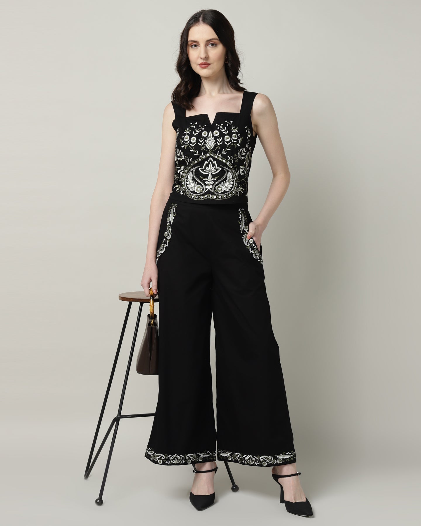 Black Poplin Embroidered Co-ord Set for Women - 3104