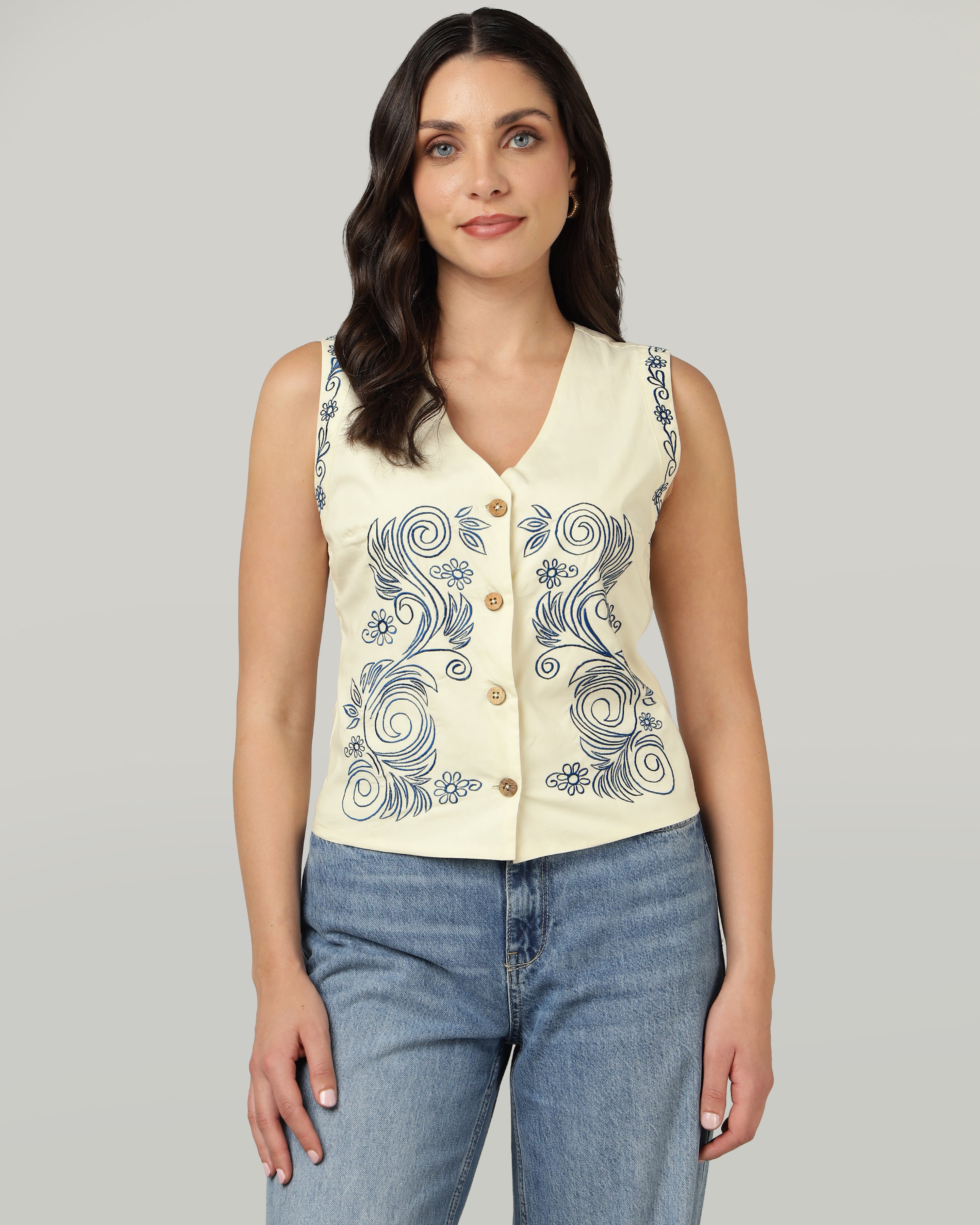 Women’s Blue Embroidered V-Neck Ivory Vest-3076