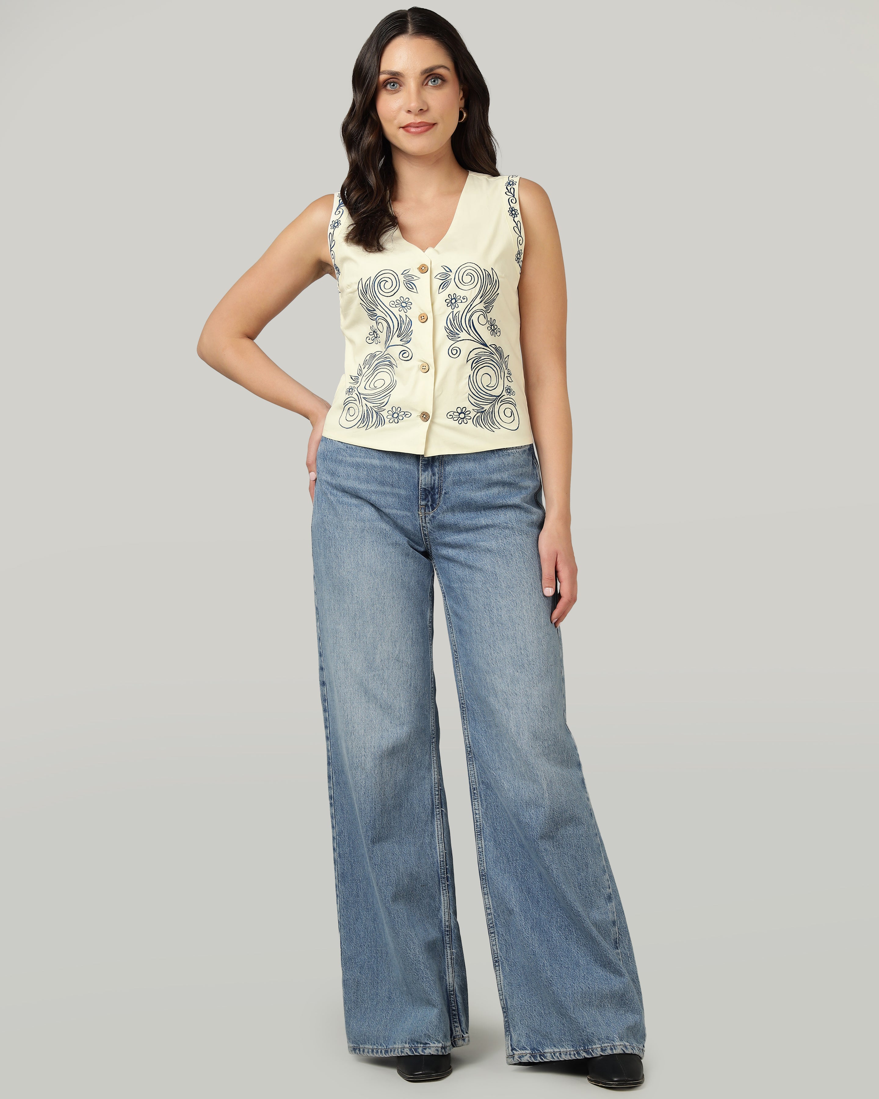 Women’s Blue Embroidered V-Neck Ivory Vest-3076