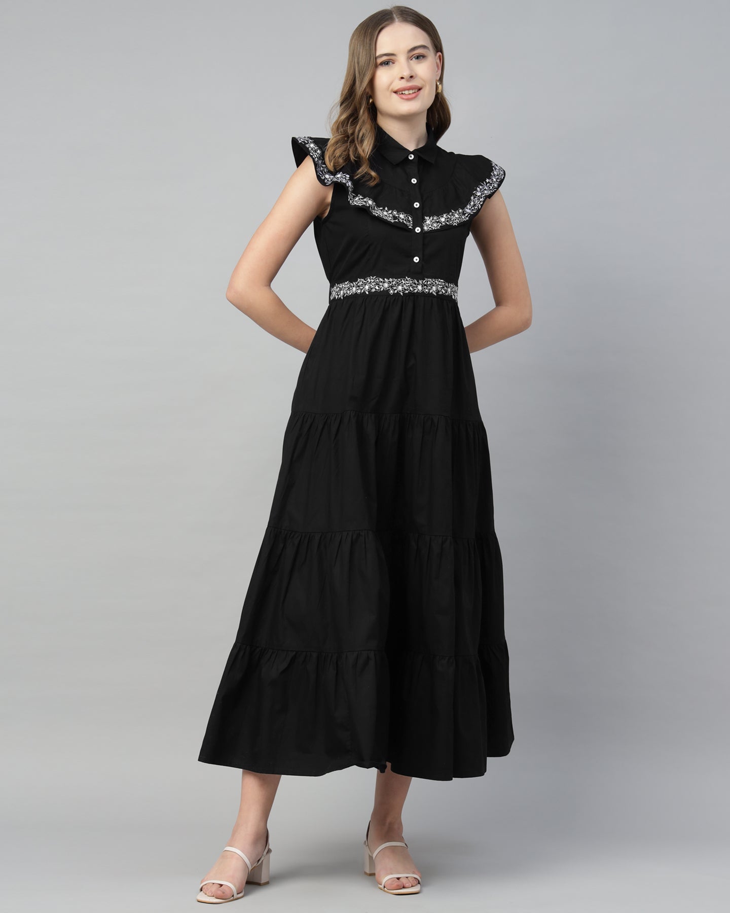 Women’s Black Embroidered Maxi Dress with 4-Tier Long Double Collar - 2964