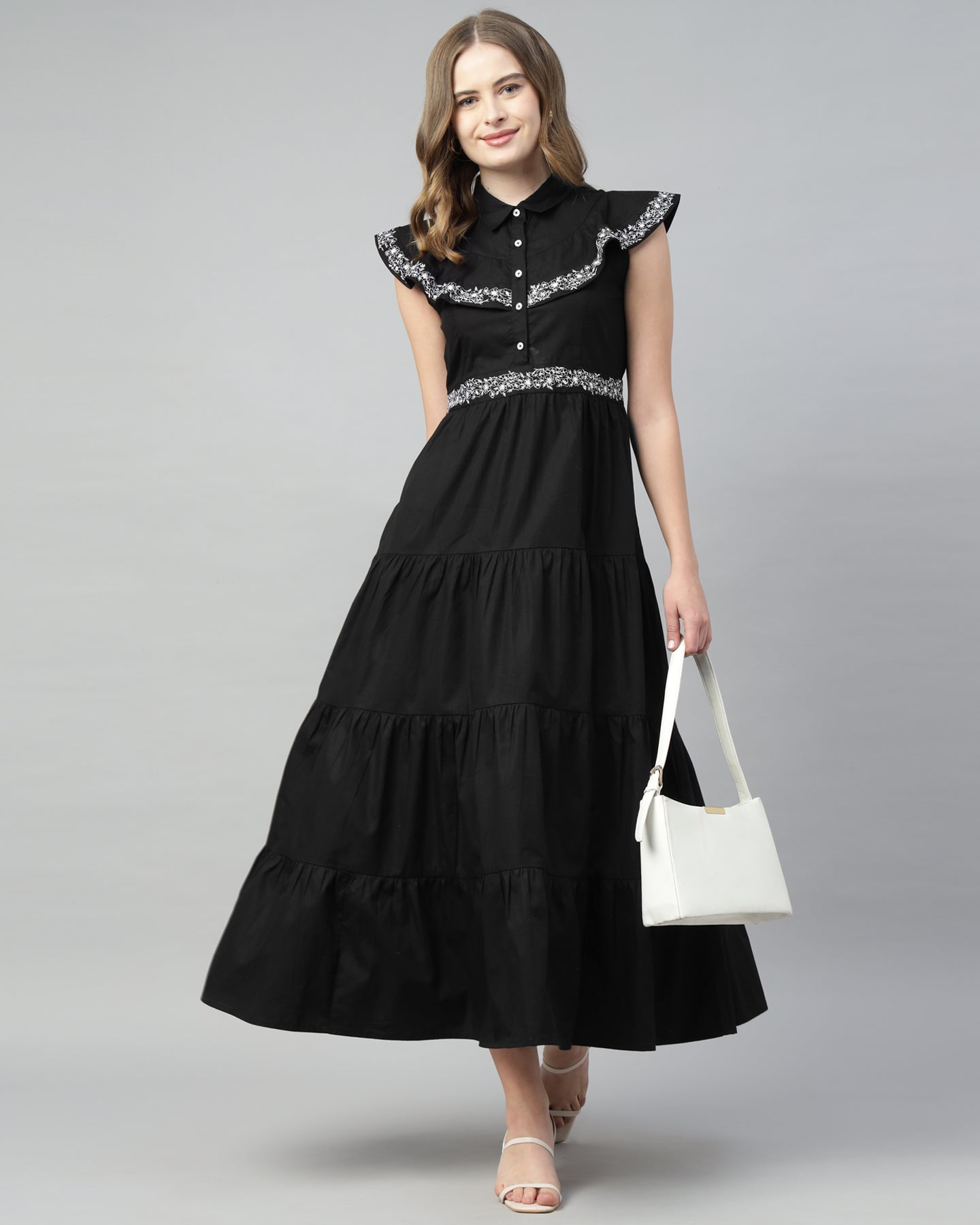 Women’s Black Embroidered Maxi Dress with 4-Tier Long Double Collar - 2964