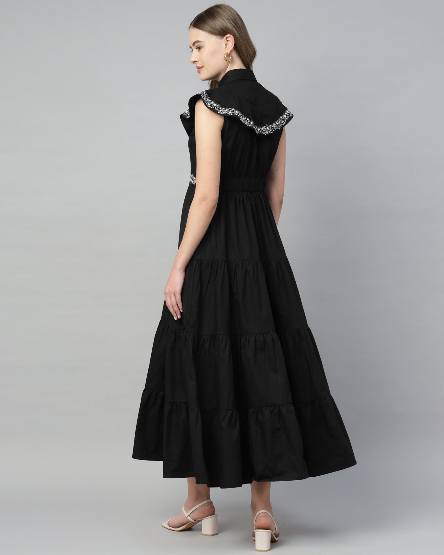 Women’s Black Embroidered Maxi Dress with 4-Tier Long Double Collar - 2964