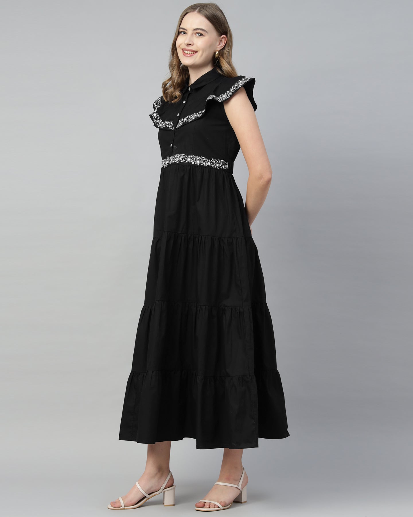 Women’s Black Embroidered Maxi Dress with 4-Tier Long Double Collar - 2964