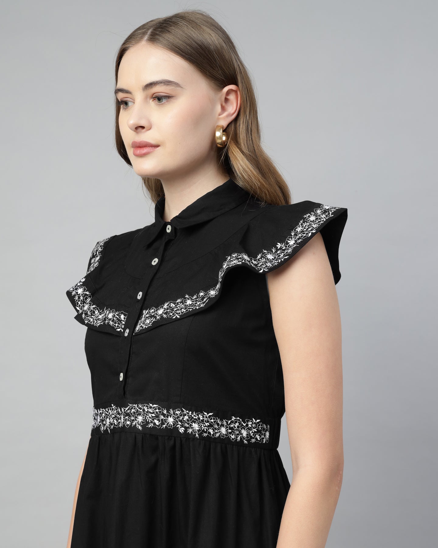 Women’s Black Embroidered Maxi Dress with 4-Tier Long Double Collar - 2964