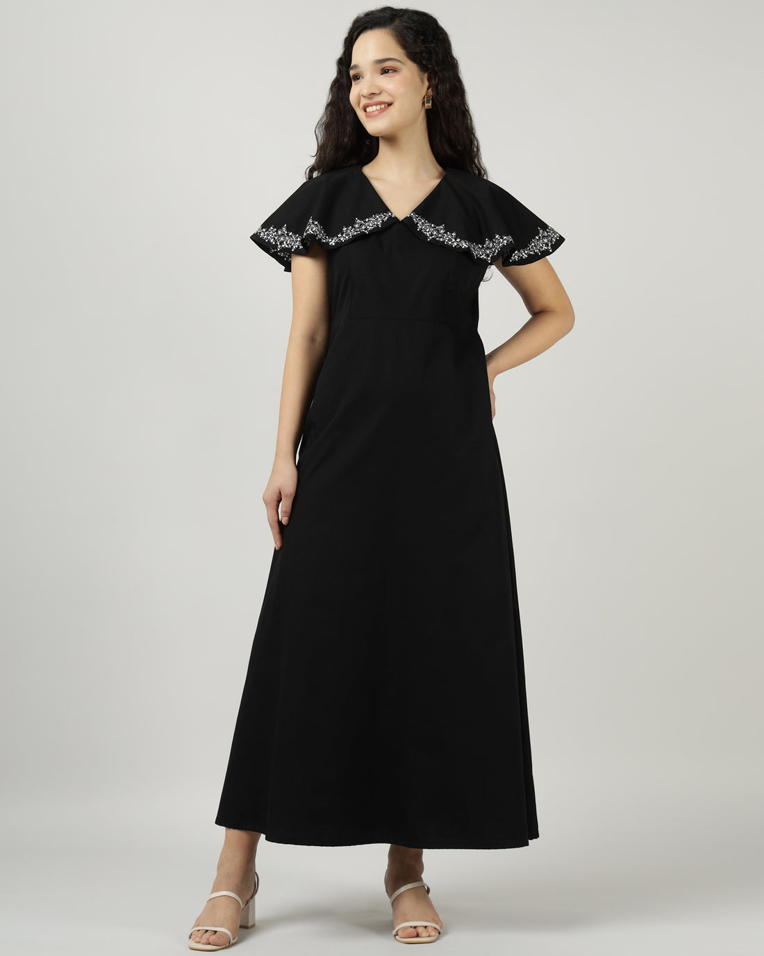 Women’s Black Embroidered Evening Maxi Dress- 3008