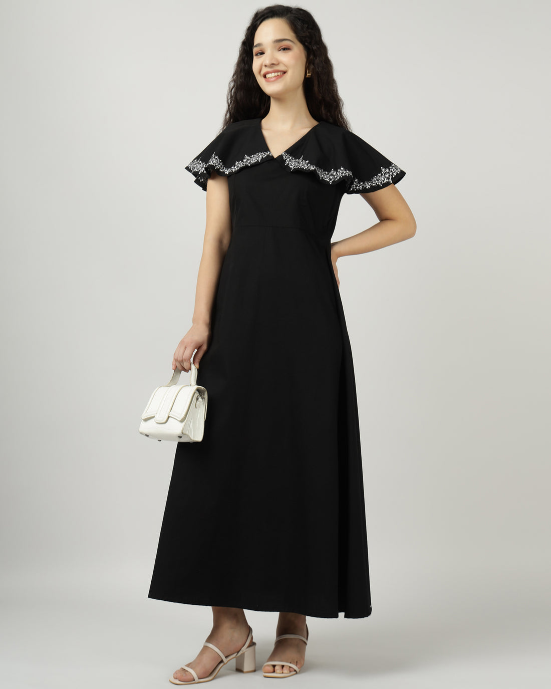 Women’s Black Embroidered Evening Maxi Dress- 3008