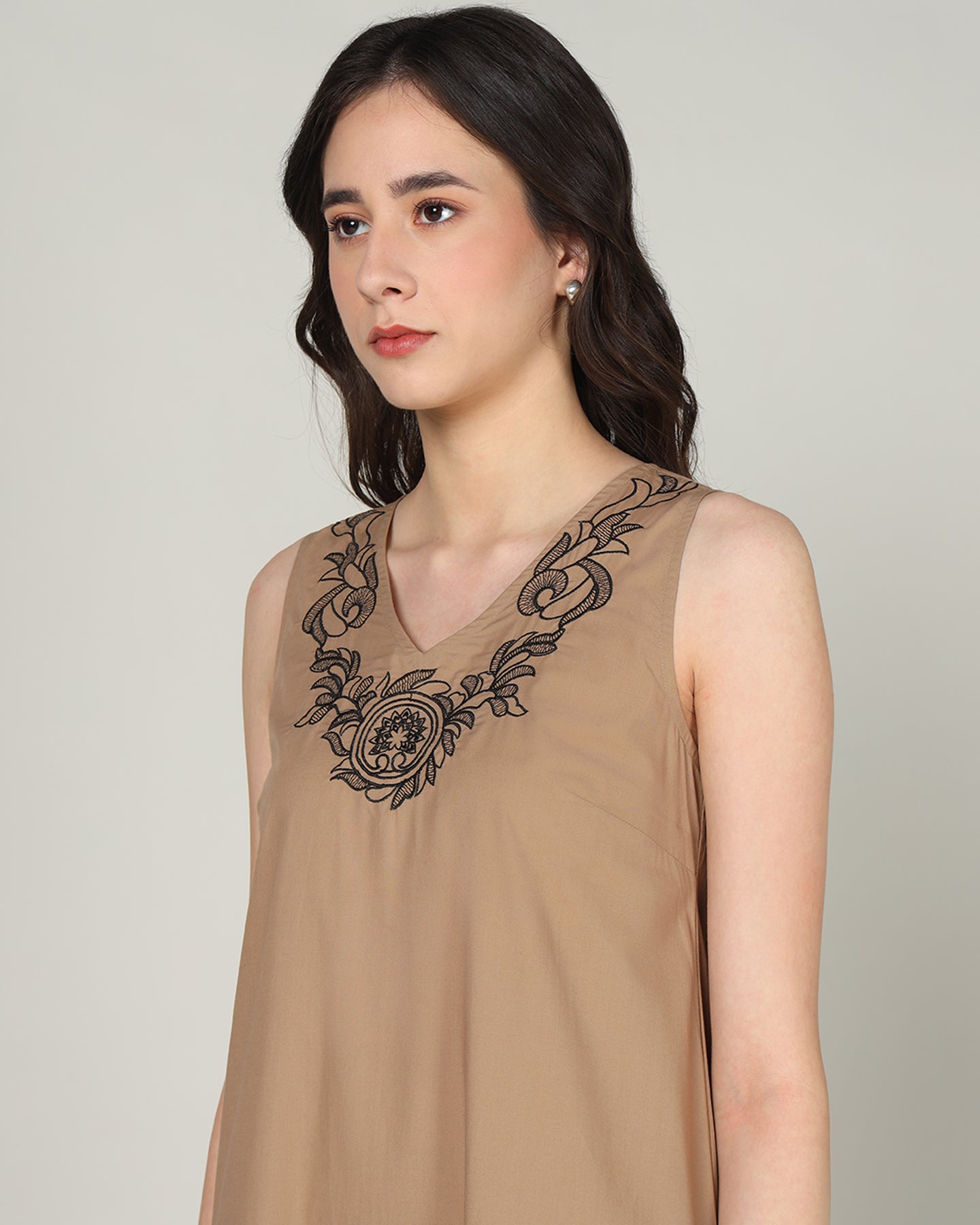 Women’s Mocha Embroidered Sleeveless Maxi Dress with Gathered Hem -Casual Day Wear - 3089