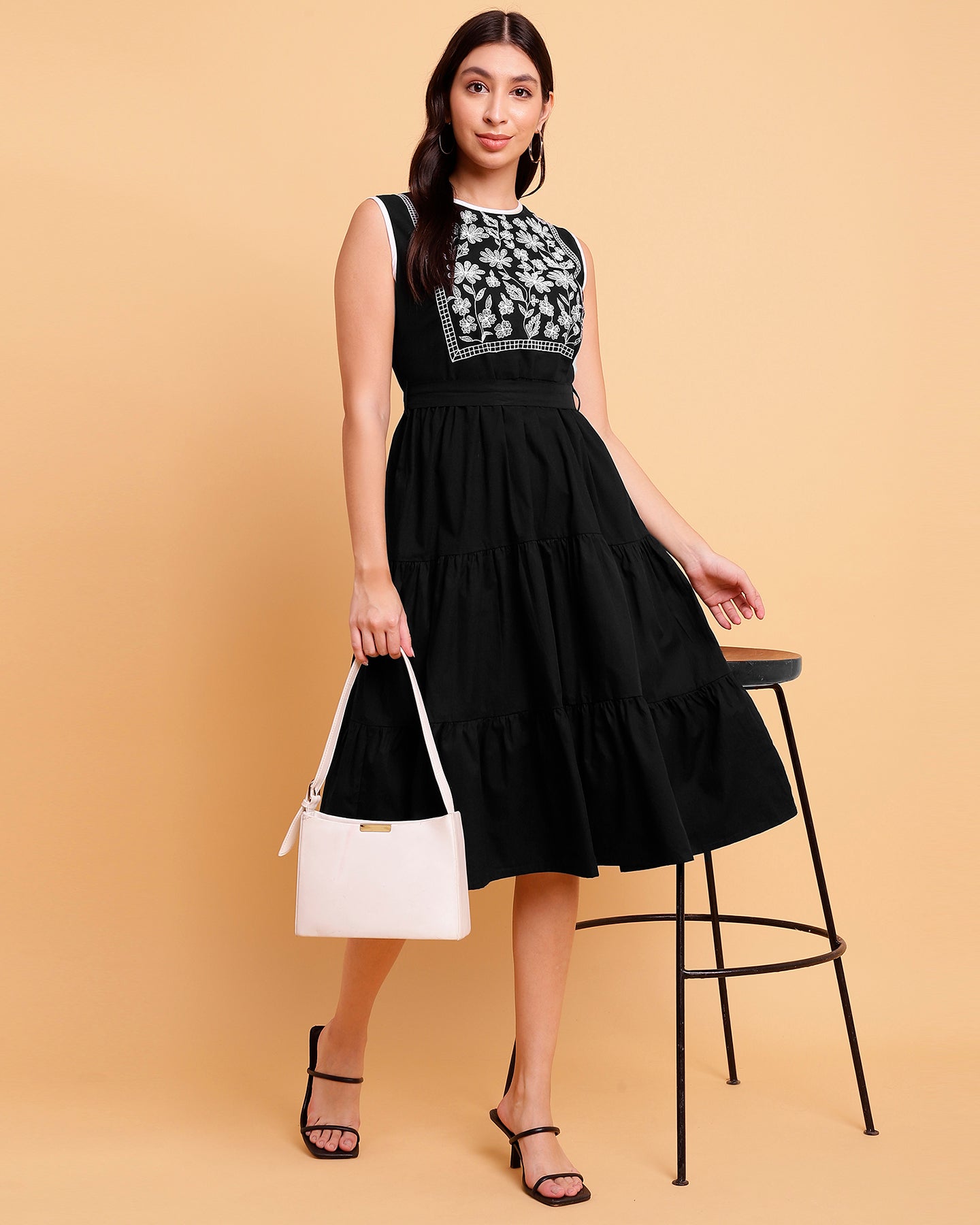 Women’s Black Yoke Embroidered Poplin Midi Dress - 1569