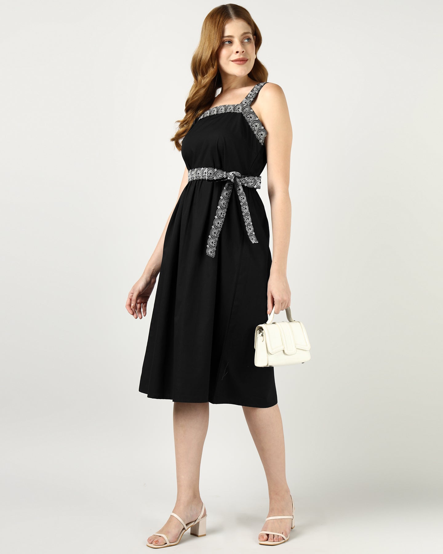 Women’s Black Embroidered Midi Evening Dress- 3038
