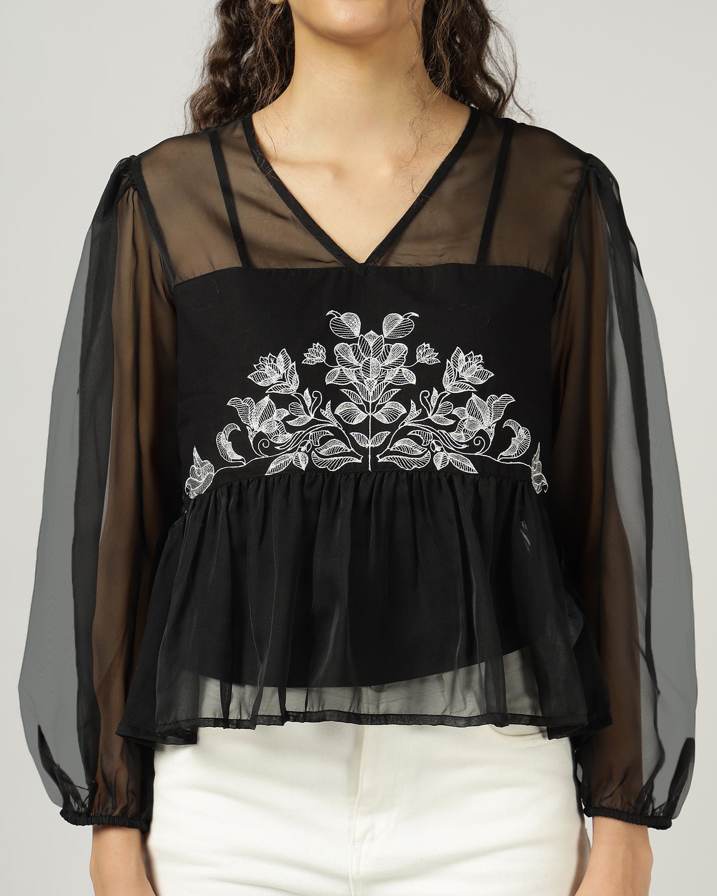 Black Organza embroidered top with camisole - 2999