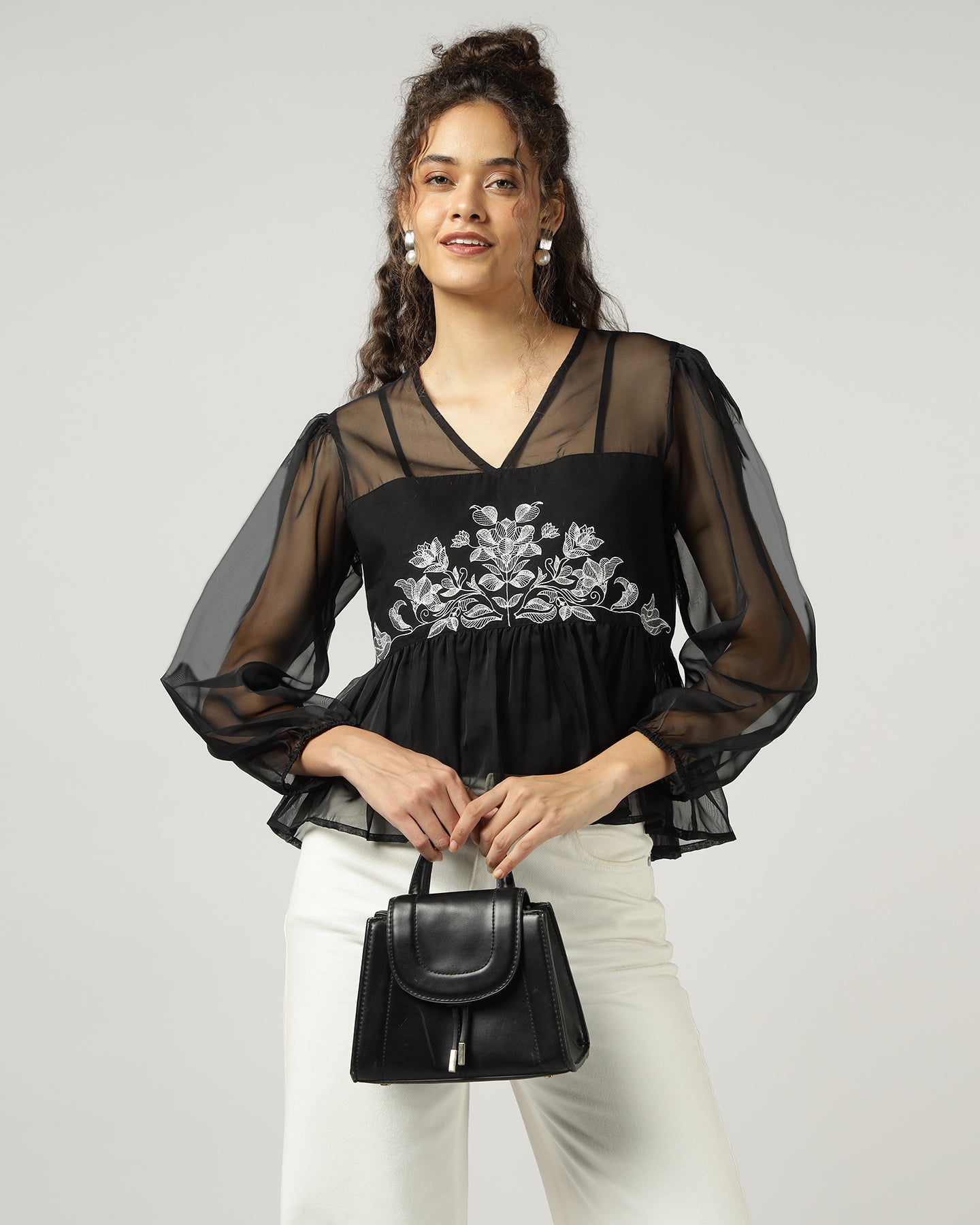 Black Organza embroidered top with camisole - 2999
