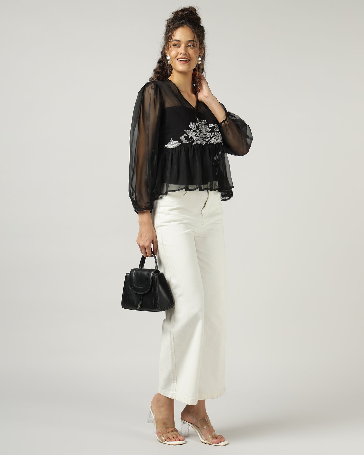 Black Organza embroidered top with camisole - 2999