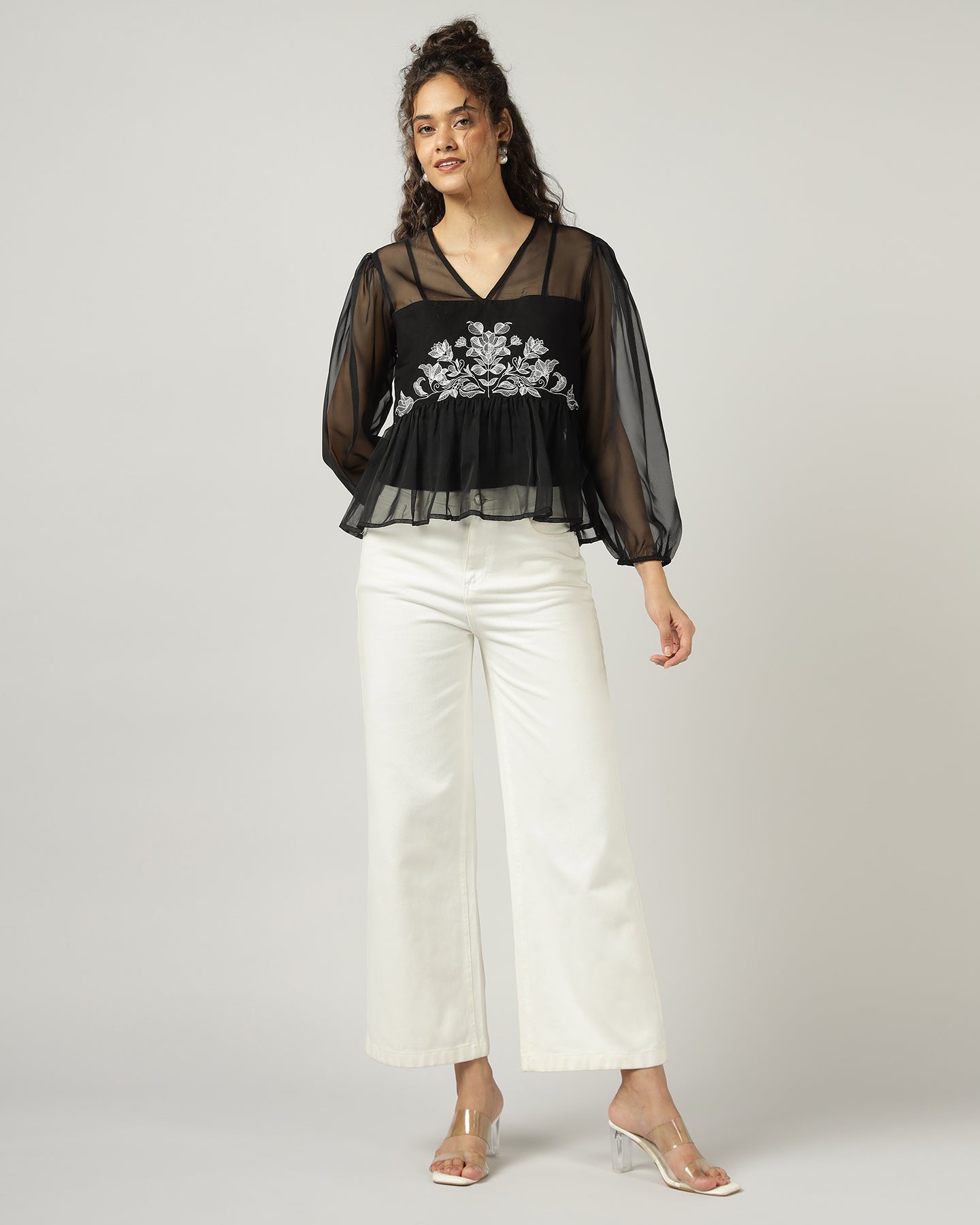 Black Organza embroidered top with camisole - 2999