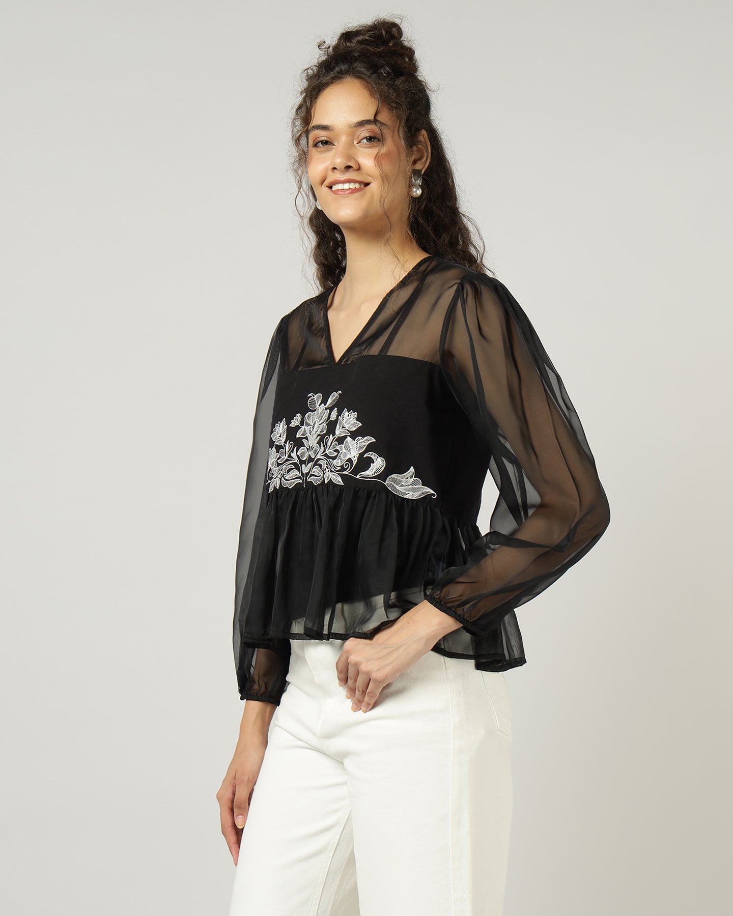 Black Organza embroidered top with camisole - 2999