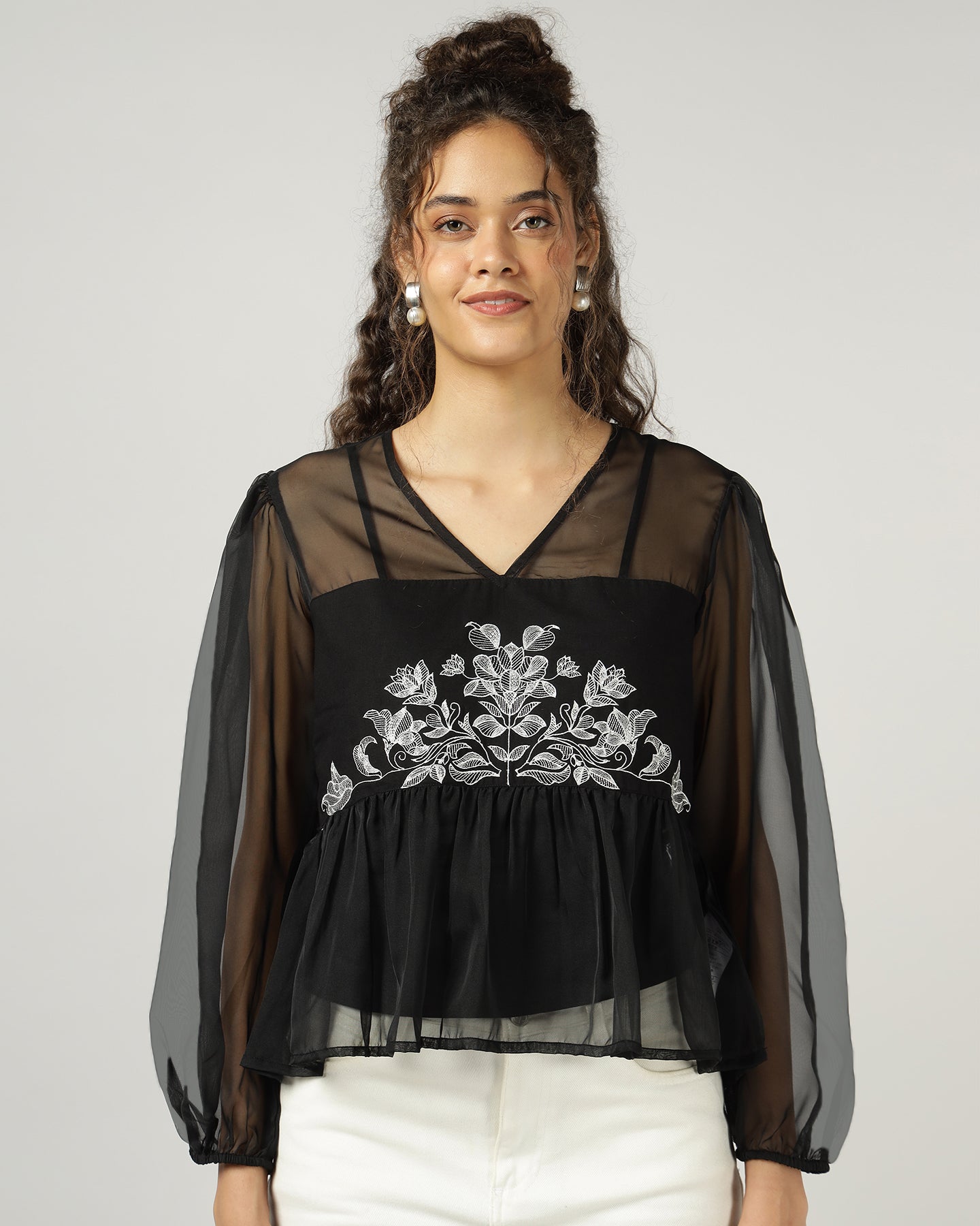 Black Organza embroidered top with camisole - 2999