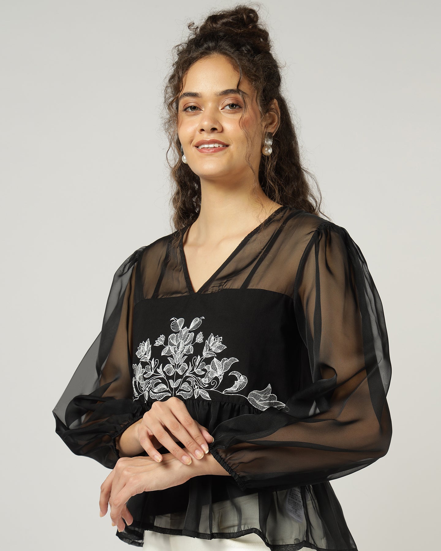 Black Organza embroidered top with camisole - 2999