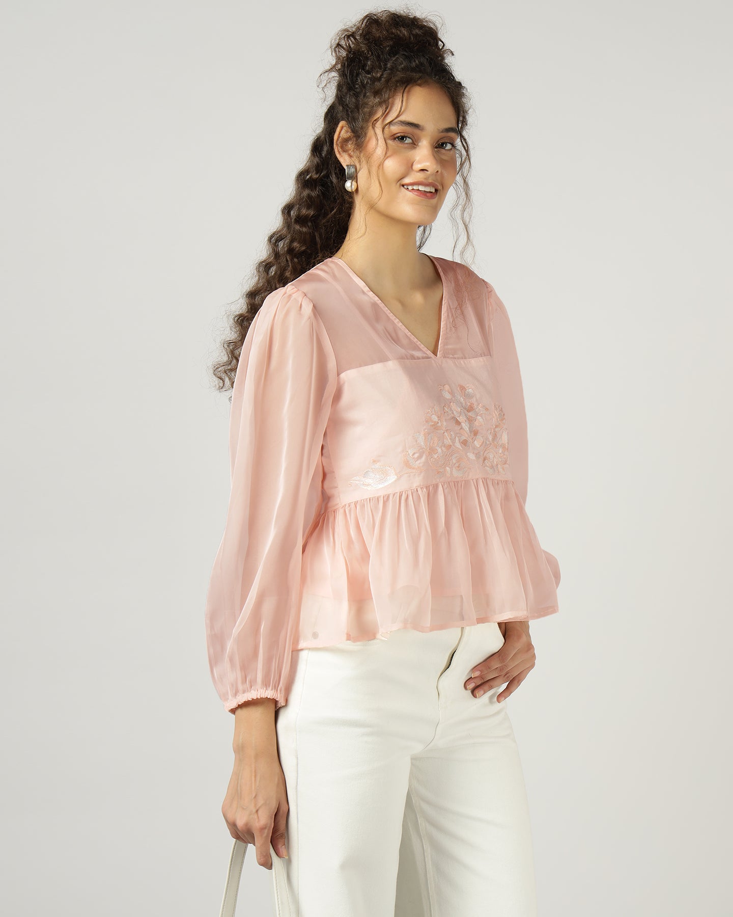Peach Organza embroidered top with camisole - 3000