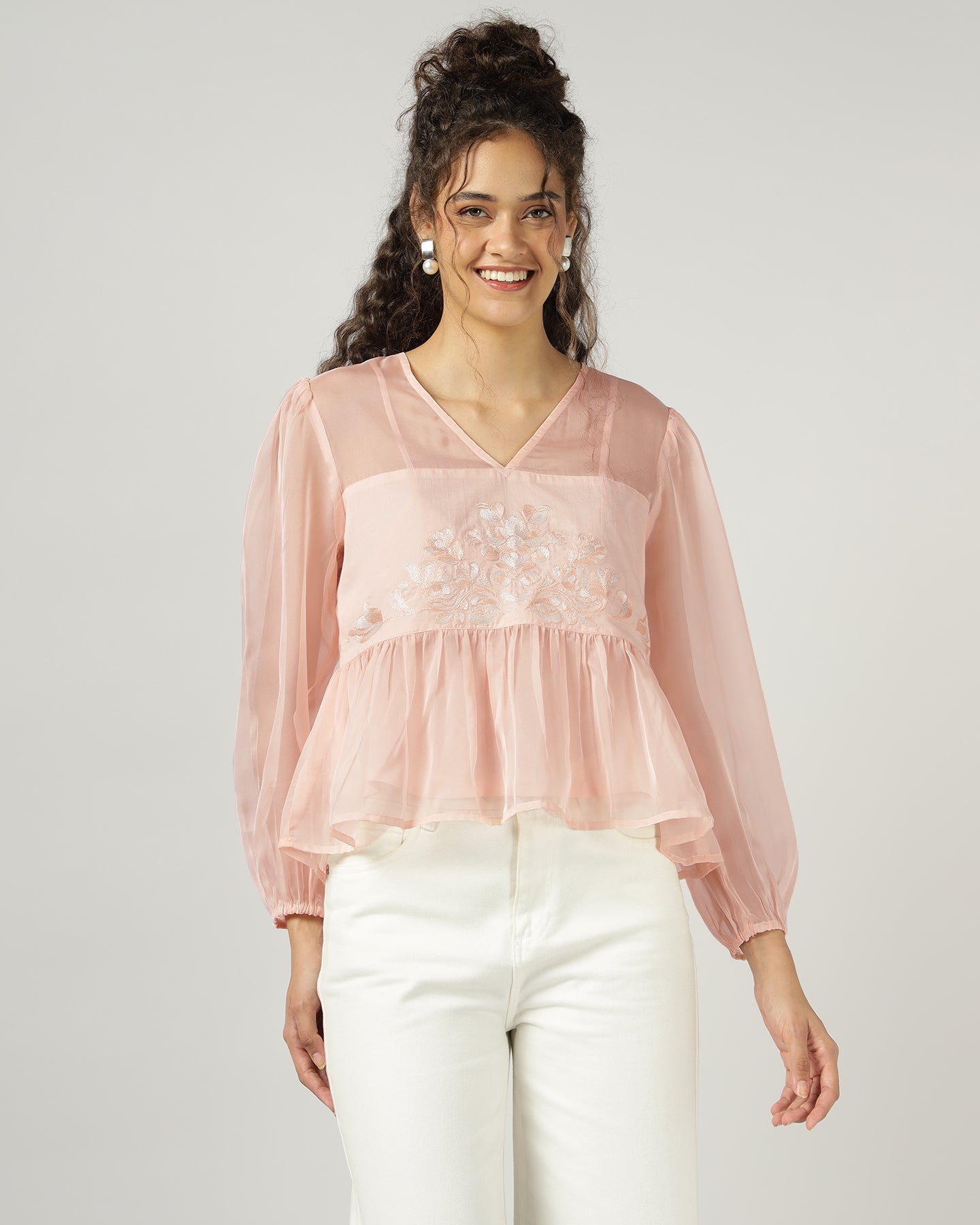 Peach Organza embroidered top with camisole - 3000