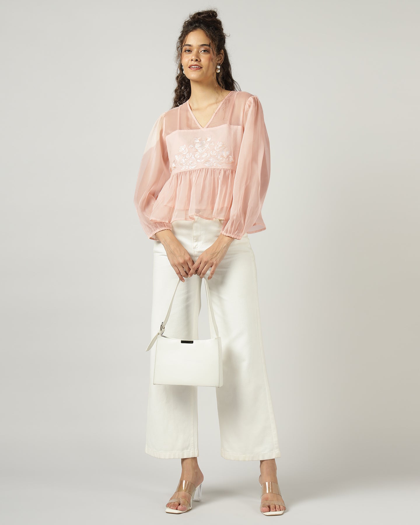 Peach Organza embroidered top with camisole - 3000