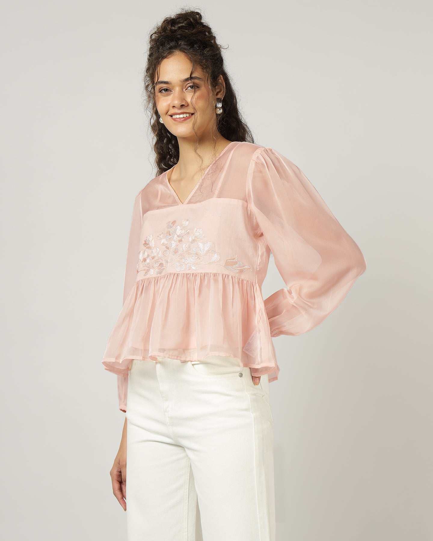 Peach Organza embroidered top with camisole - 3000