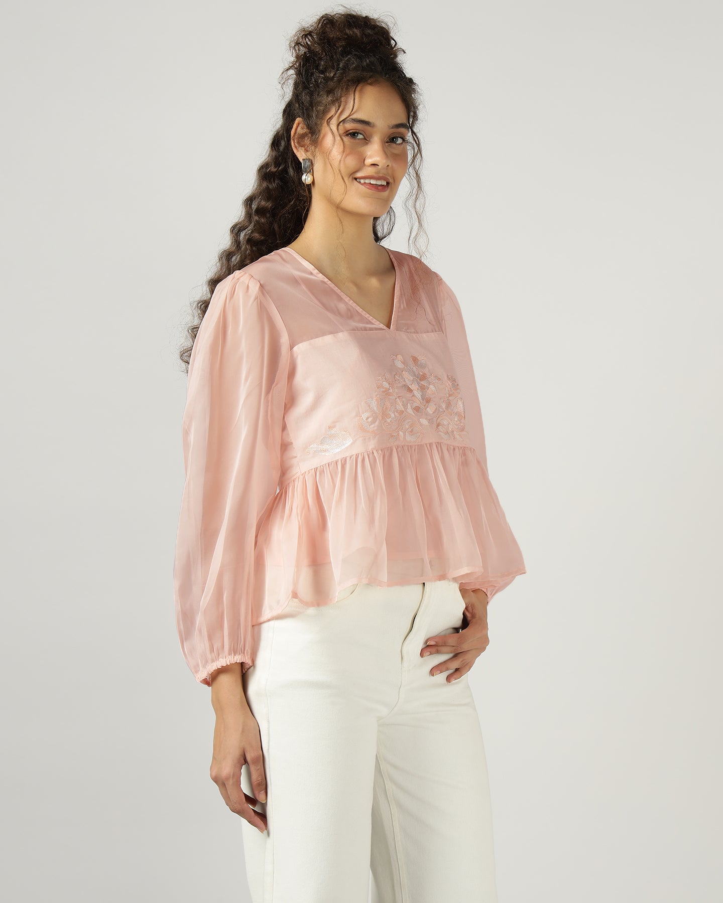 Peach Organza embroidered top with camisole - 3000