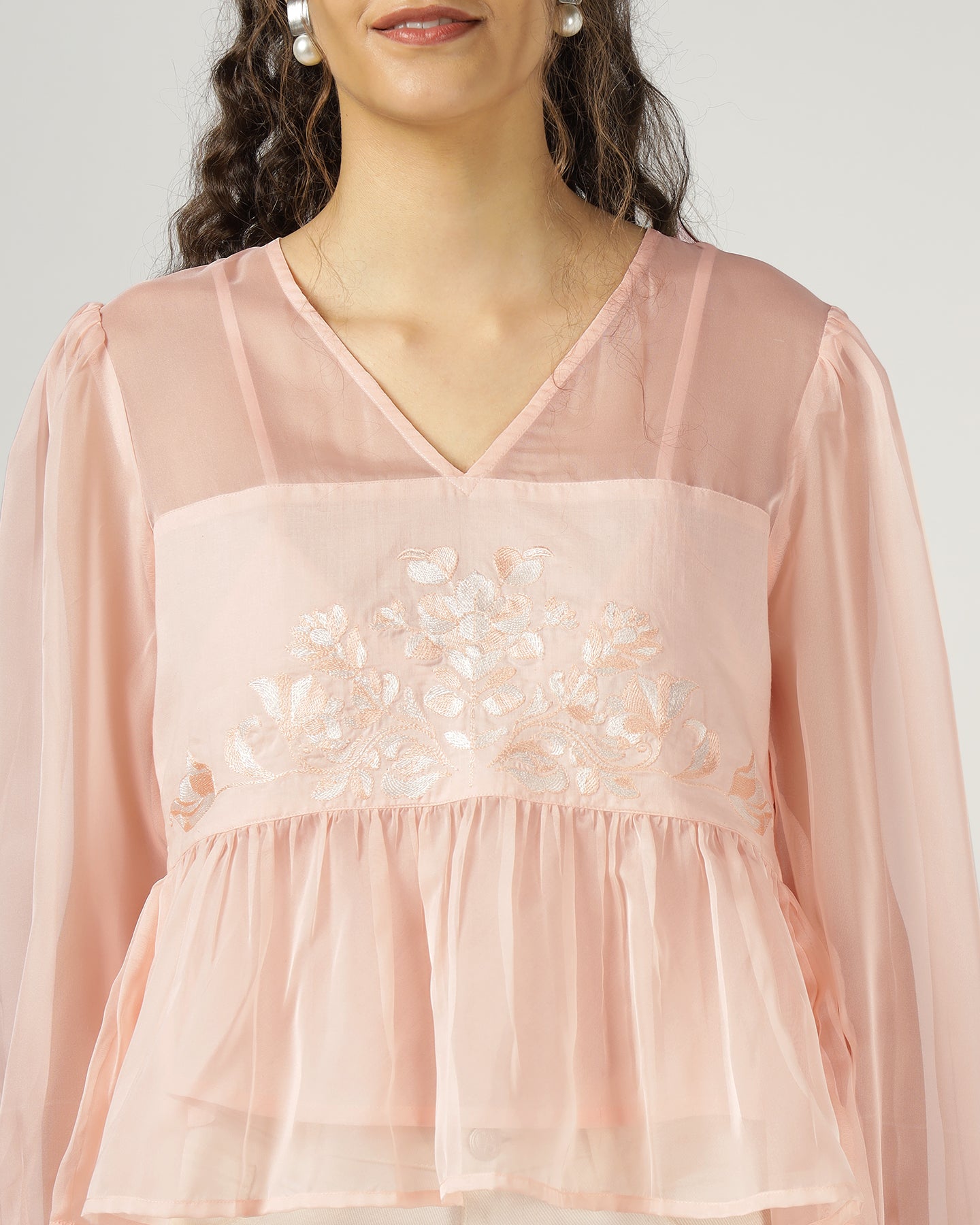 Peach Organza embroidered top with camisole - 3000