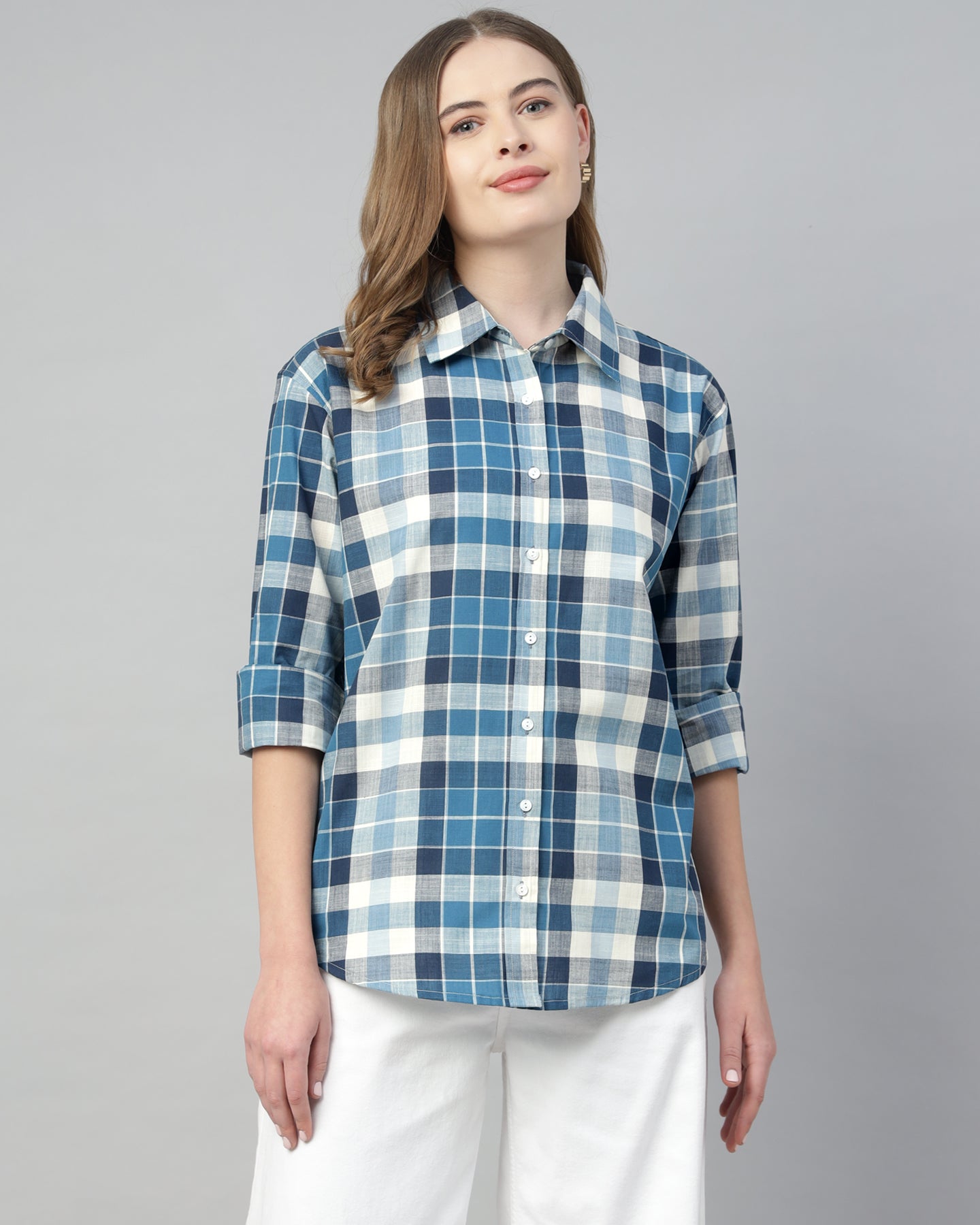 Women’s Blue Checked Oversized Button-Up Shirt-2953