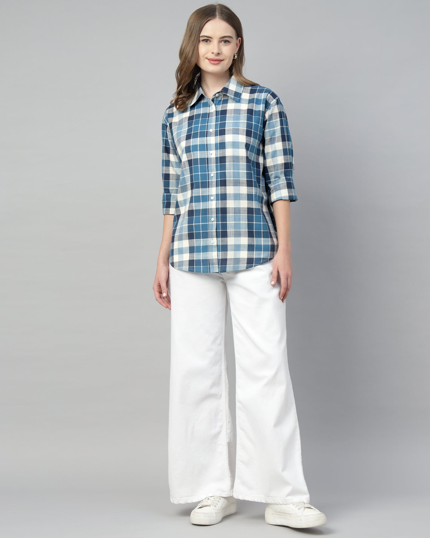 Women’s Blue Checked Oversized Button-Up Shirt-2953