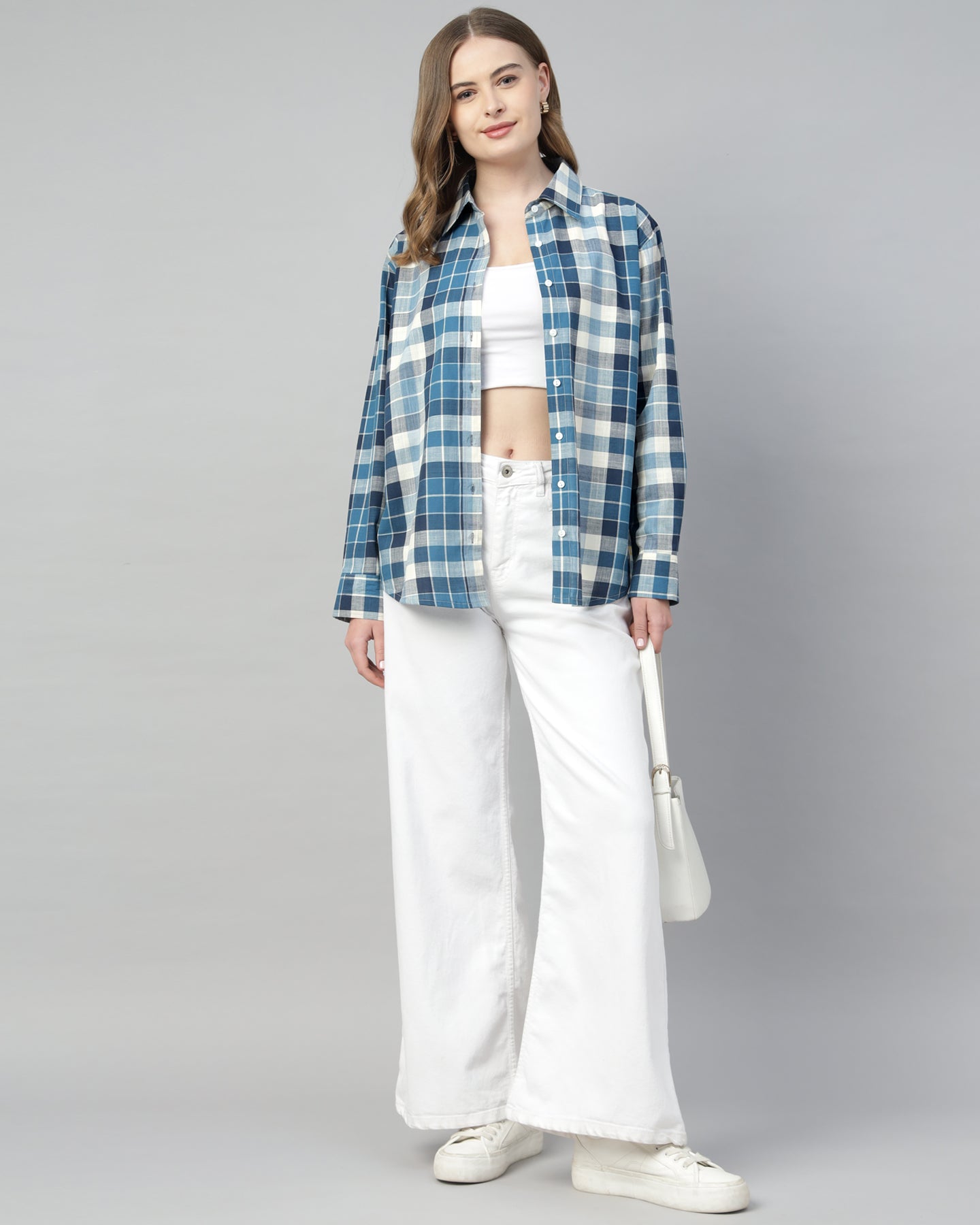 Women’s Blue Checked Oversized Button-Up Shirt-2953