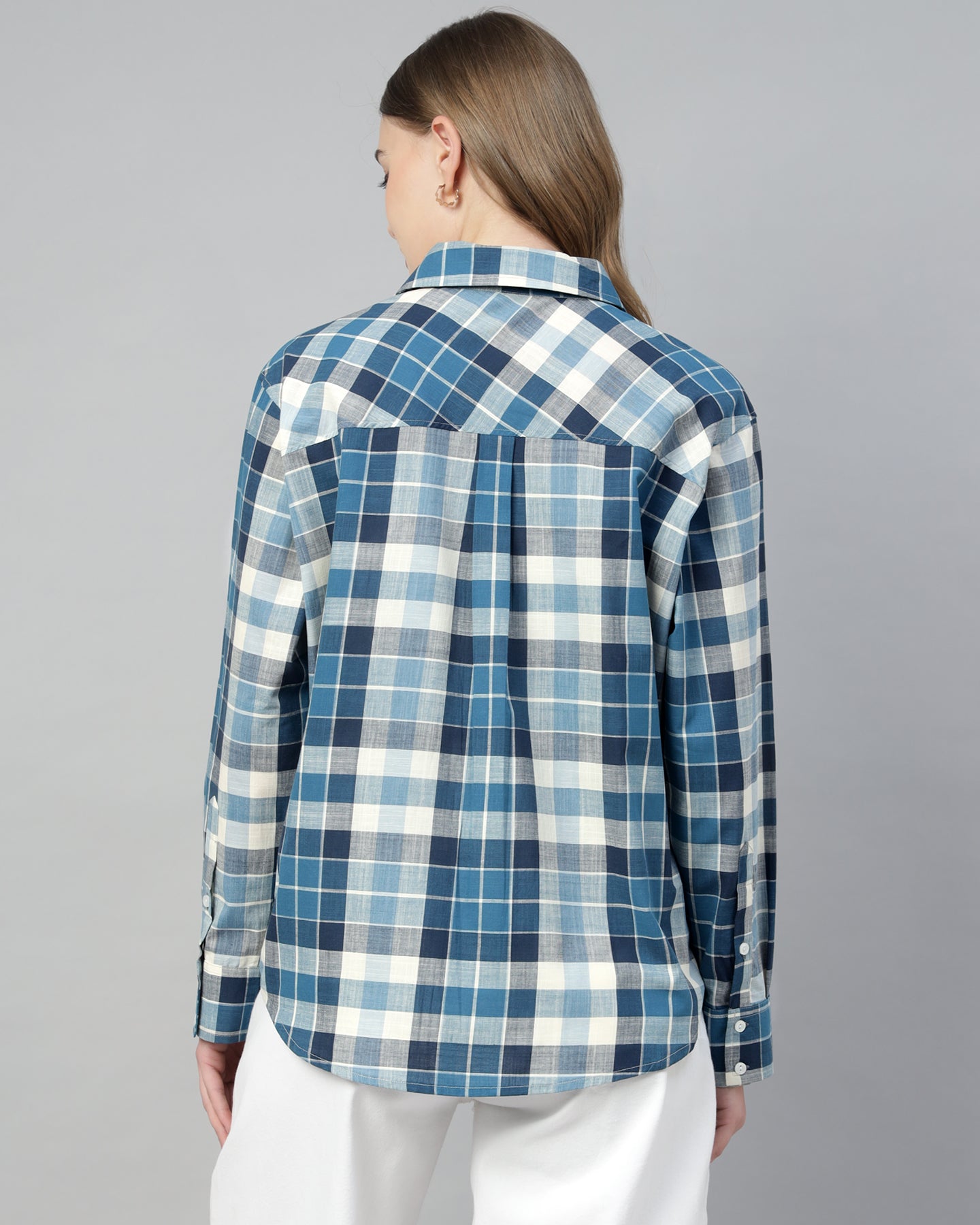 Women’s Blue Checked Oversized Button-Up Shirt-2953