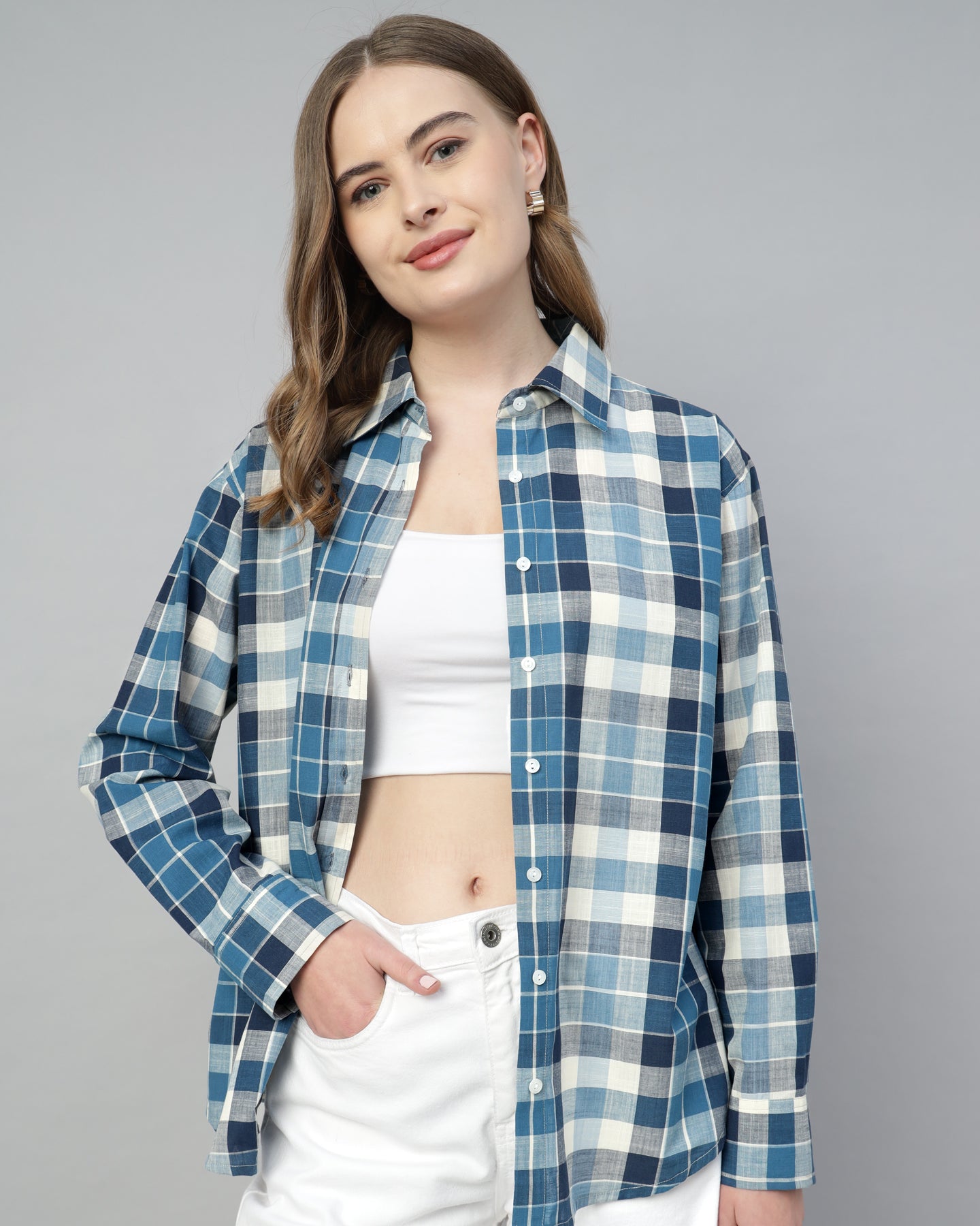 Women’s Blue Checked Oversized Button-Up Shirt-2953