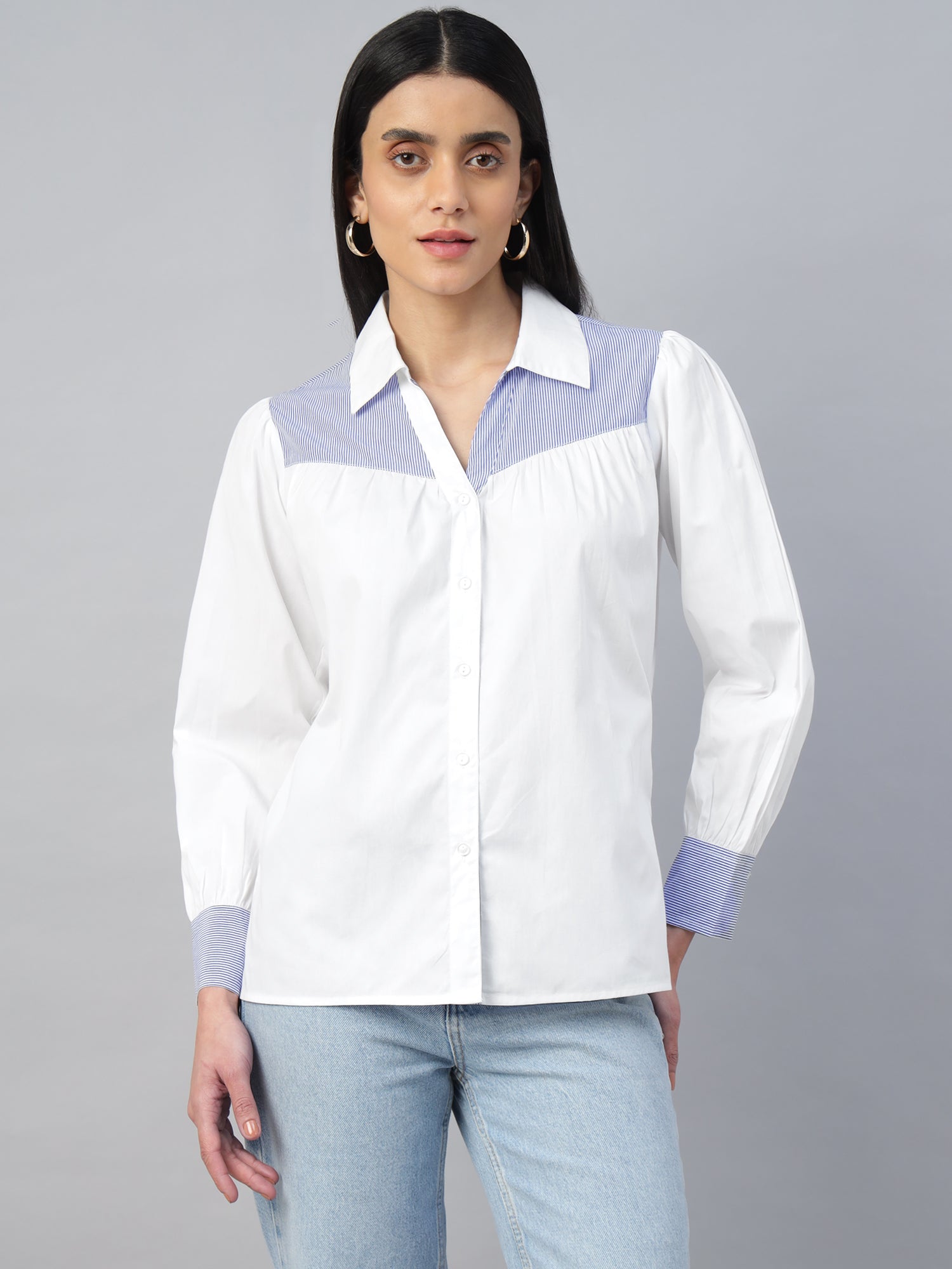Women’s Contrast Striped Gathered Full-Sleeve Shirt-2955