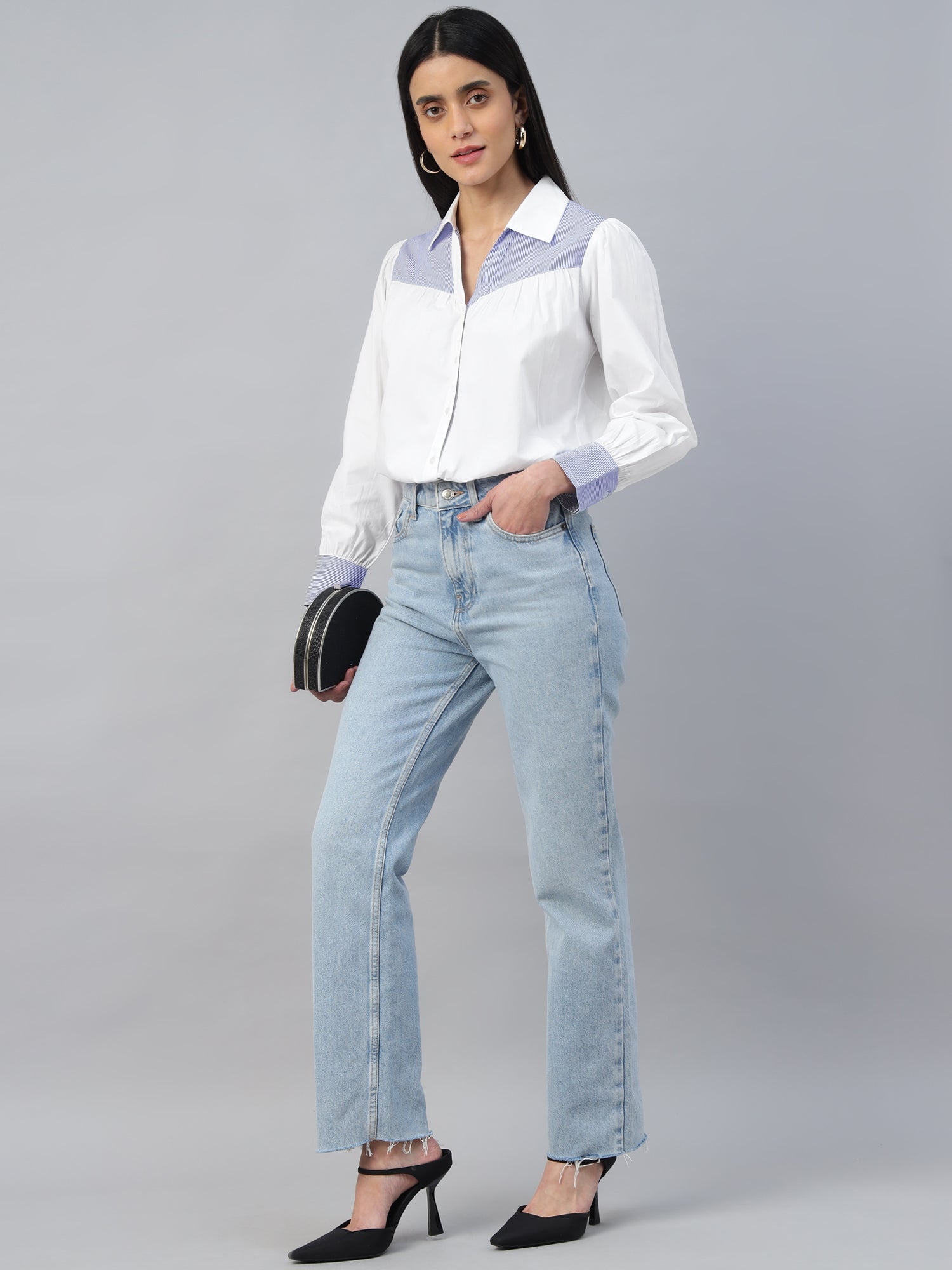 Women’s Contrast Striped Gathered Full-Sleeve Shirt-2955