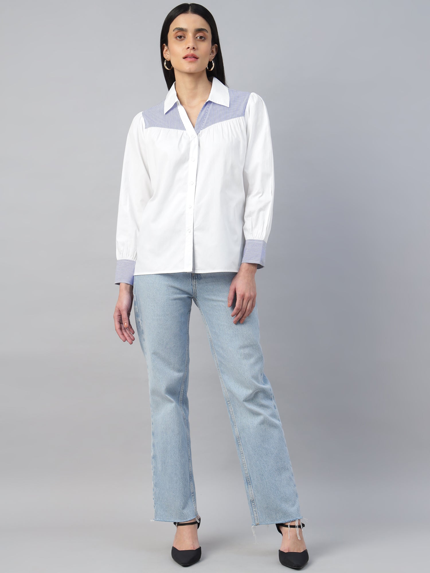 Women’s Contrast Striped Gathered Full-Sleeve Shirt-2955