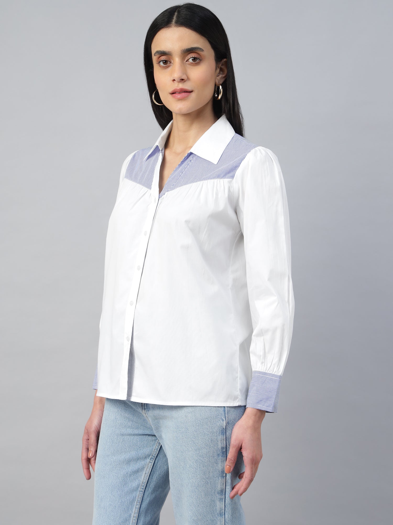 Women’s Contrast Striped Gathered Full-Sleeve Shirt-2955