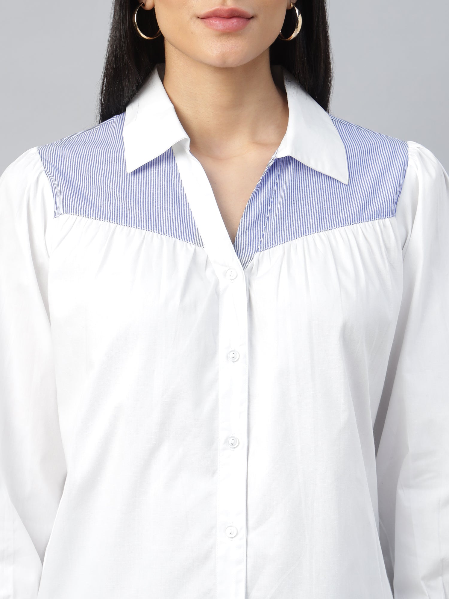 Women’s Contrast Striped Gathered Full-Sleeve Shirt-2955