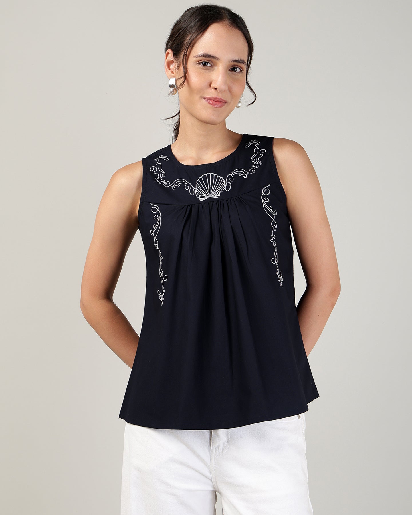 Women’s Embroidery Navy Blue sleeveless Top - 3107