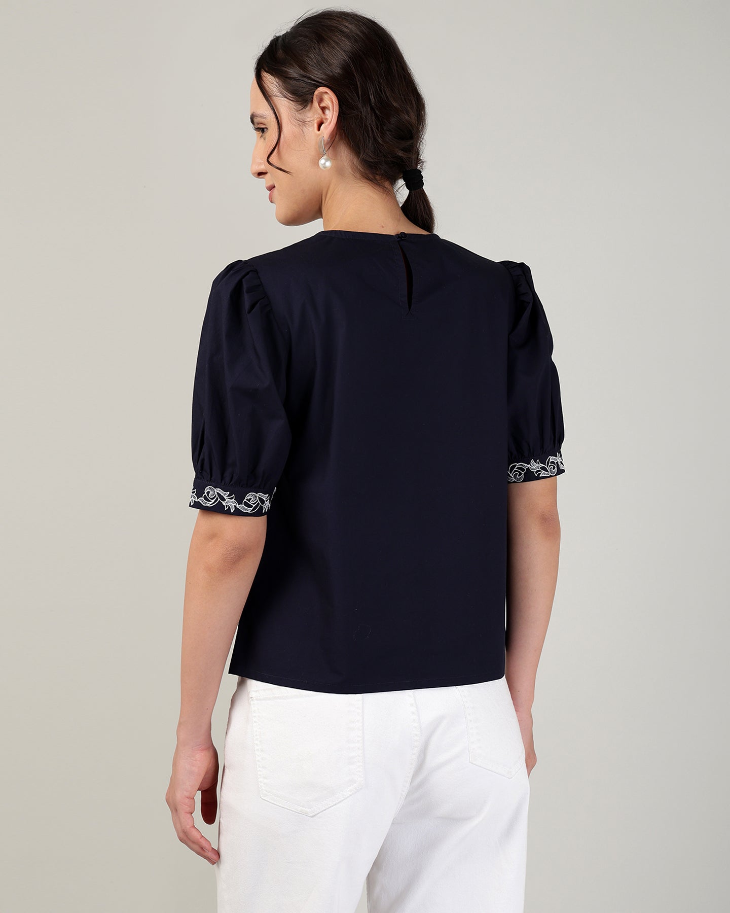 Women’s Embroidered Navy Blue Poplin Regular Fit Top -3106