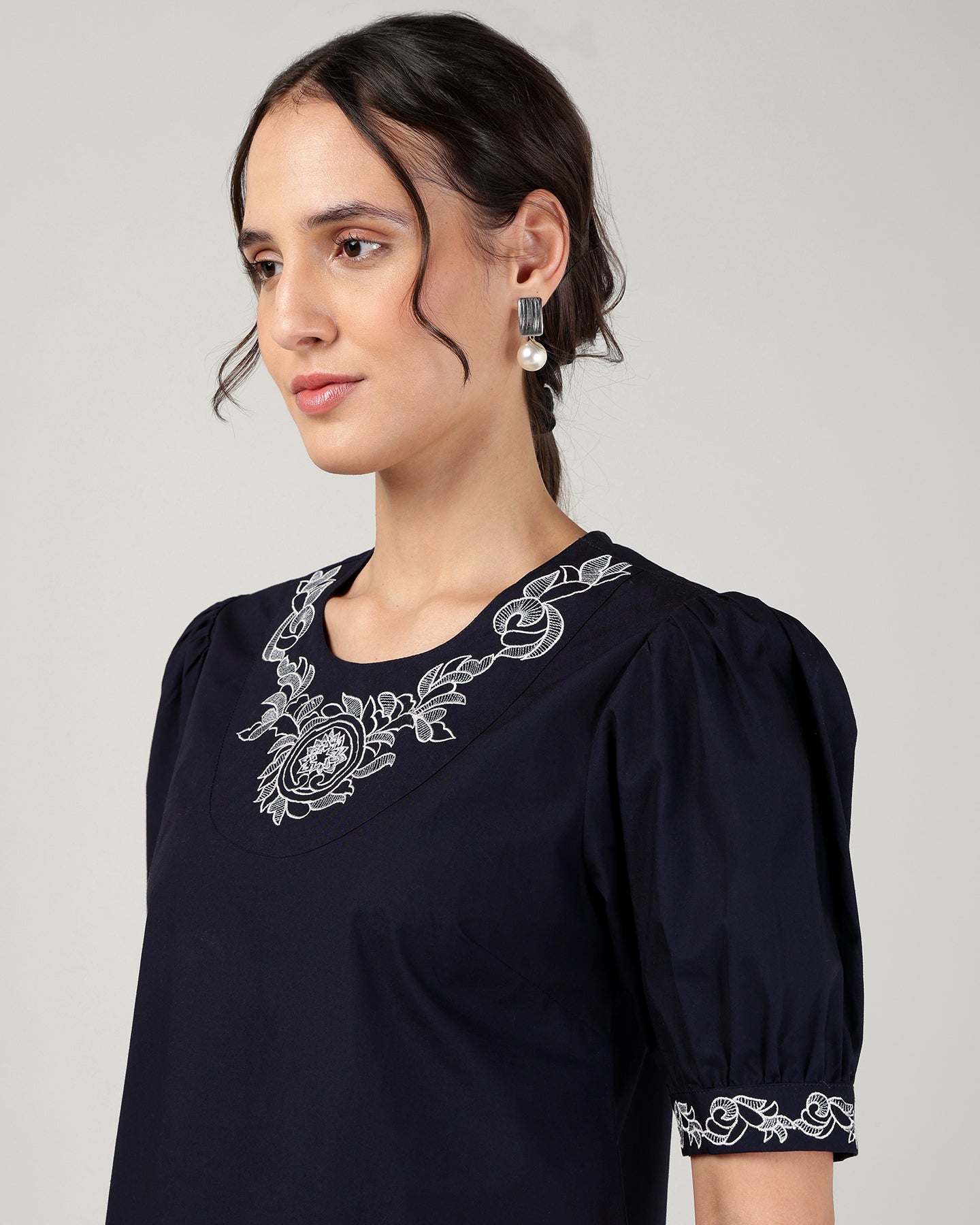 Women’s Embroidered Navy Blue Poplin Regular Fit Top -3106
