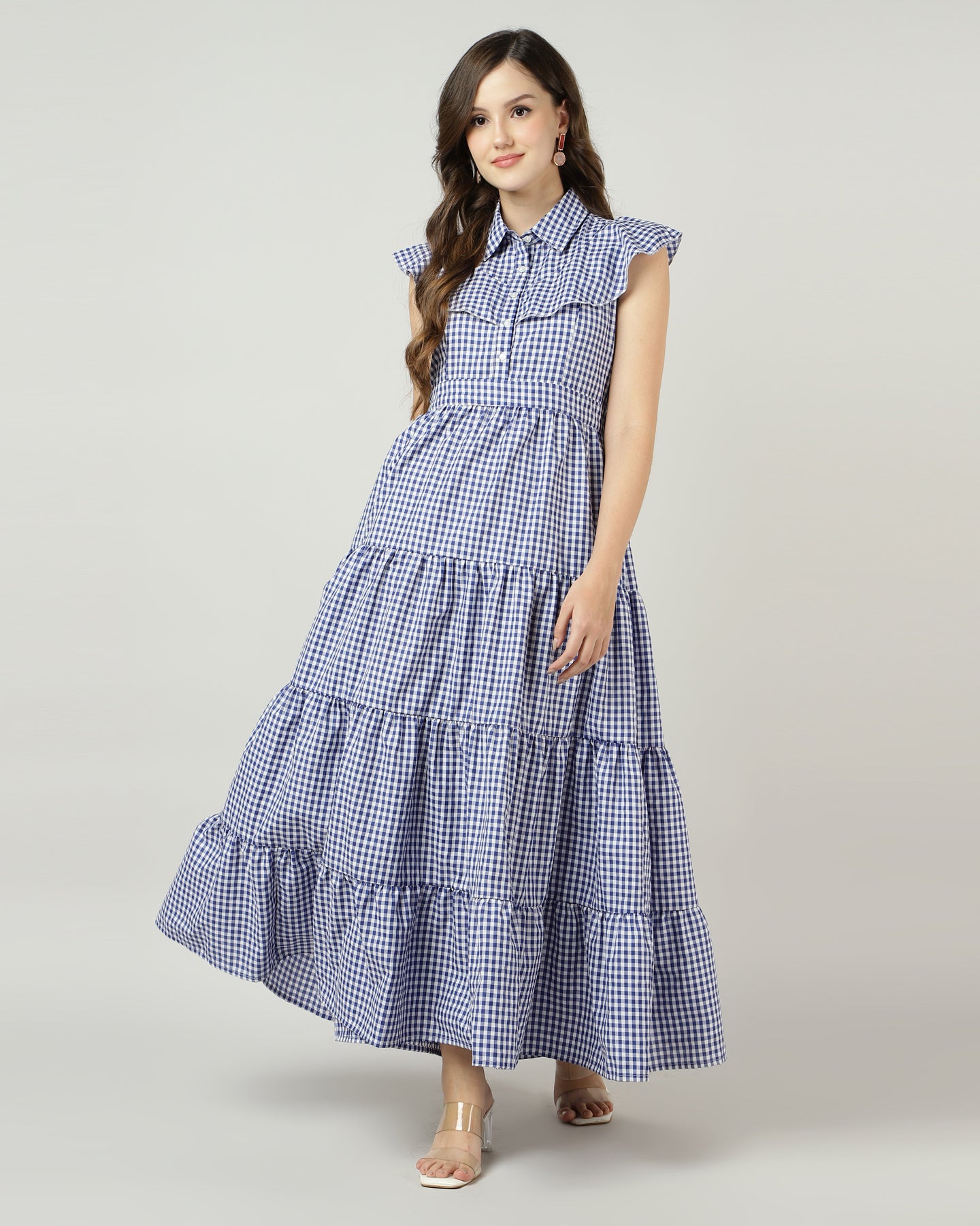Blue Gingham Tiered Maxi Dress - 2890