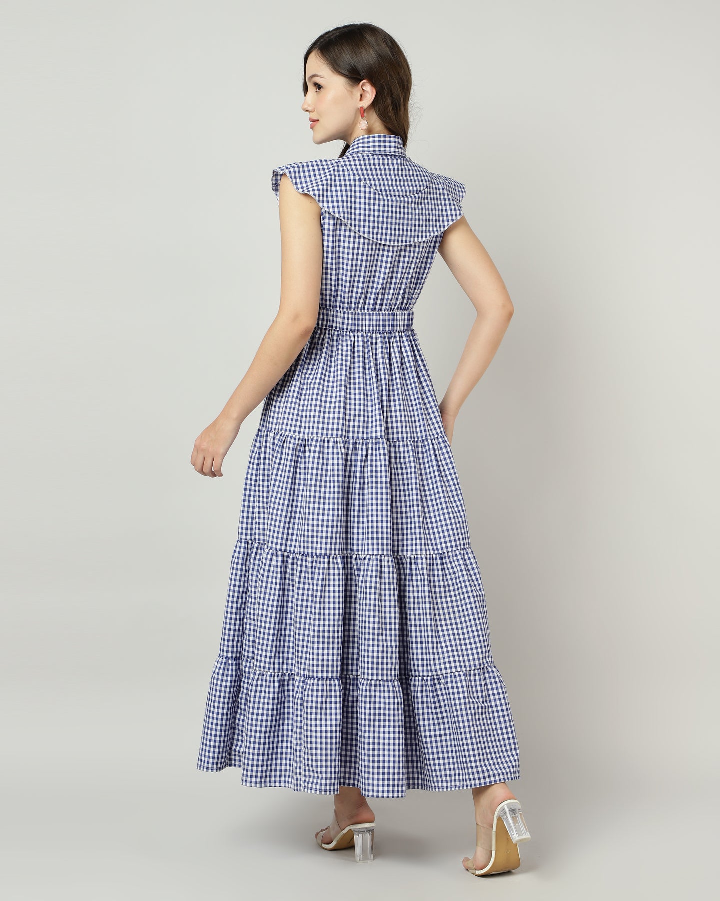 Blue Gingham Tiered Maxi Dress - 2890
