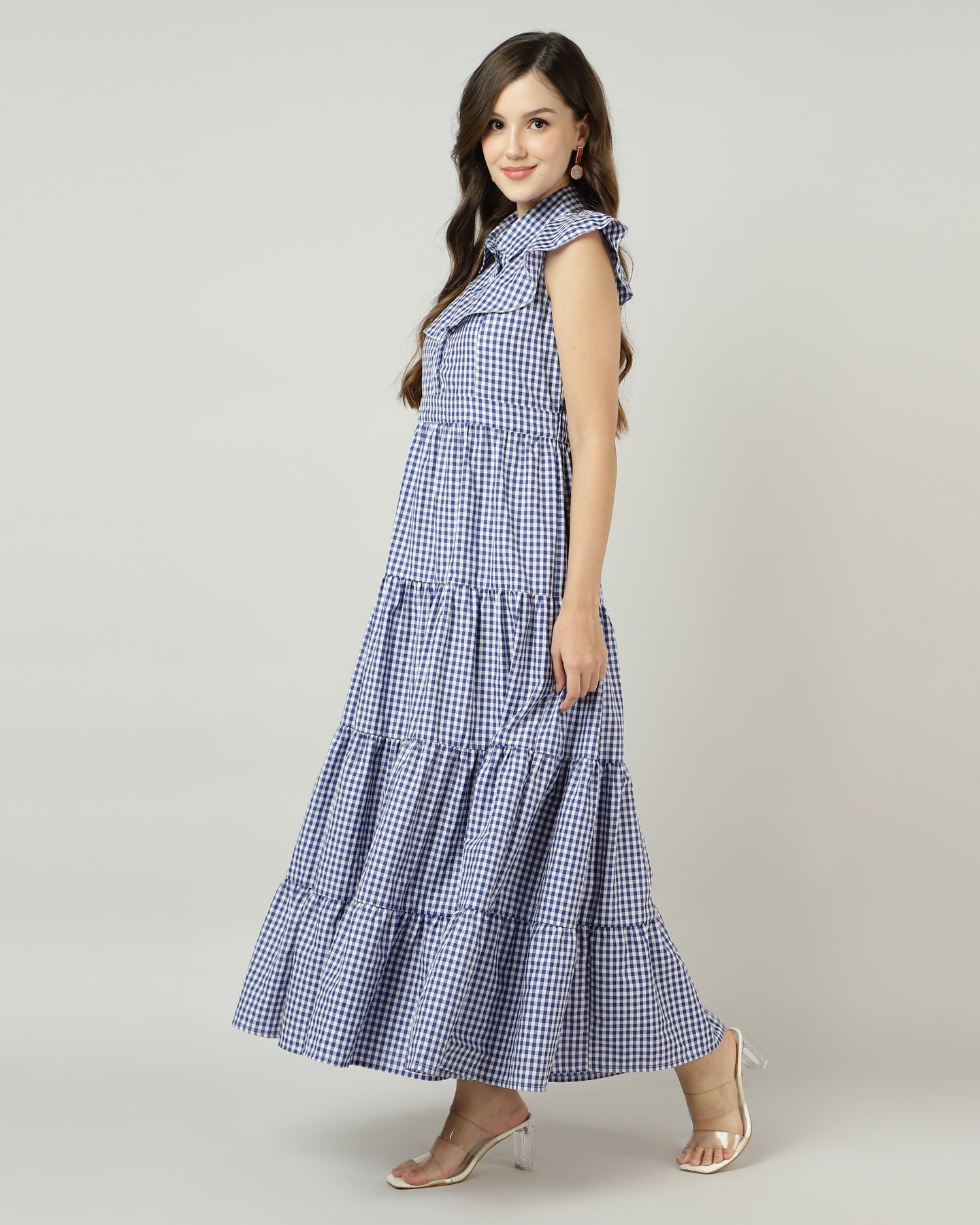 Blue Gingham Tiered Maxi Dress - 2890