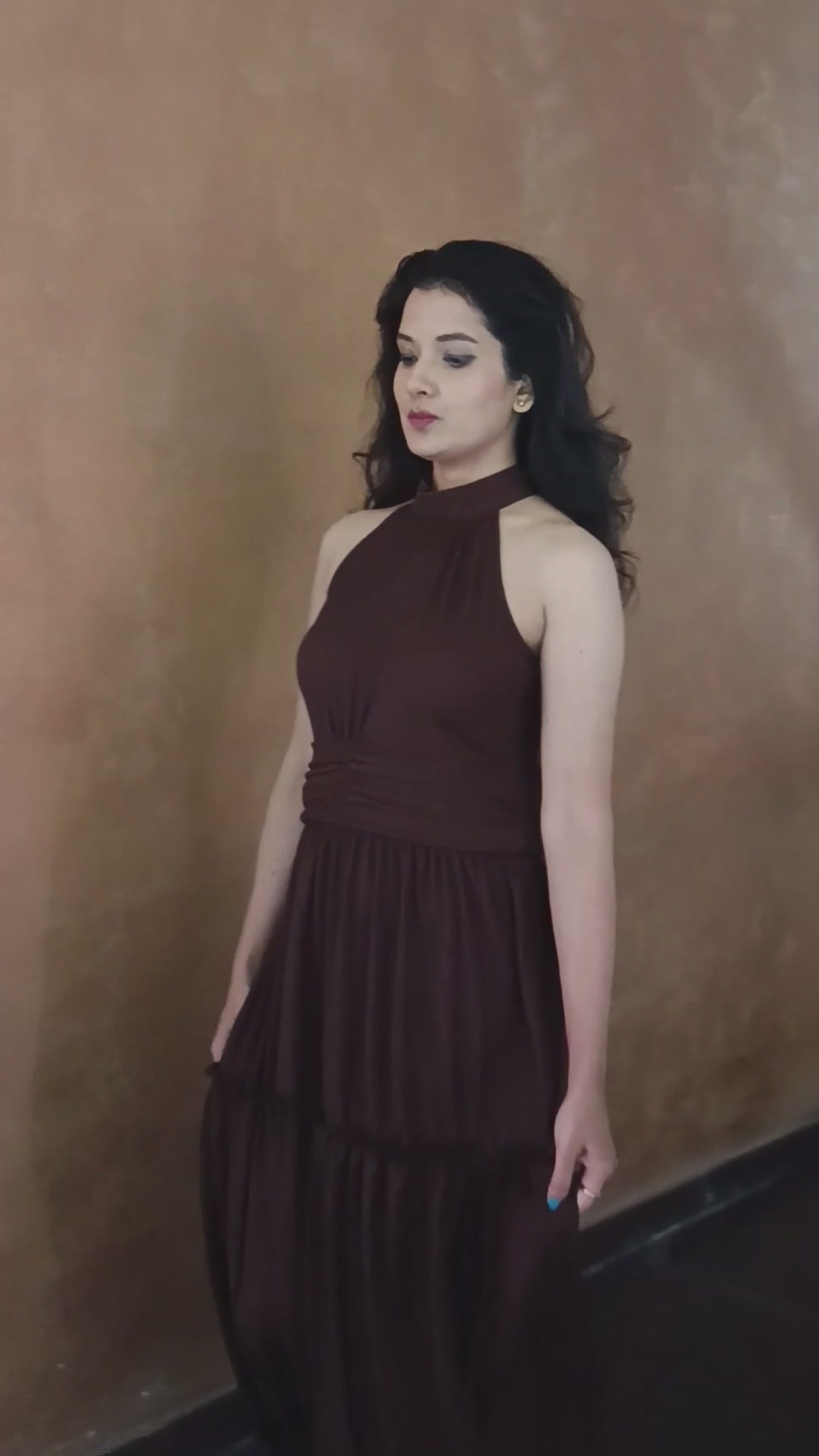 Women’s Brown Halter Neck Gathered Evening Maxi Dress - 3032