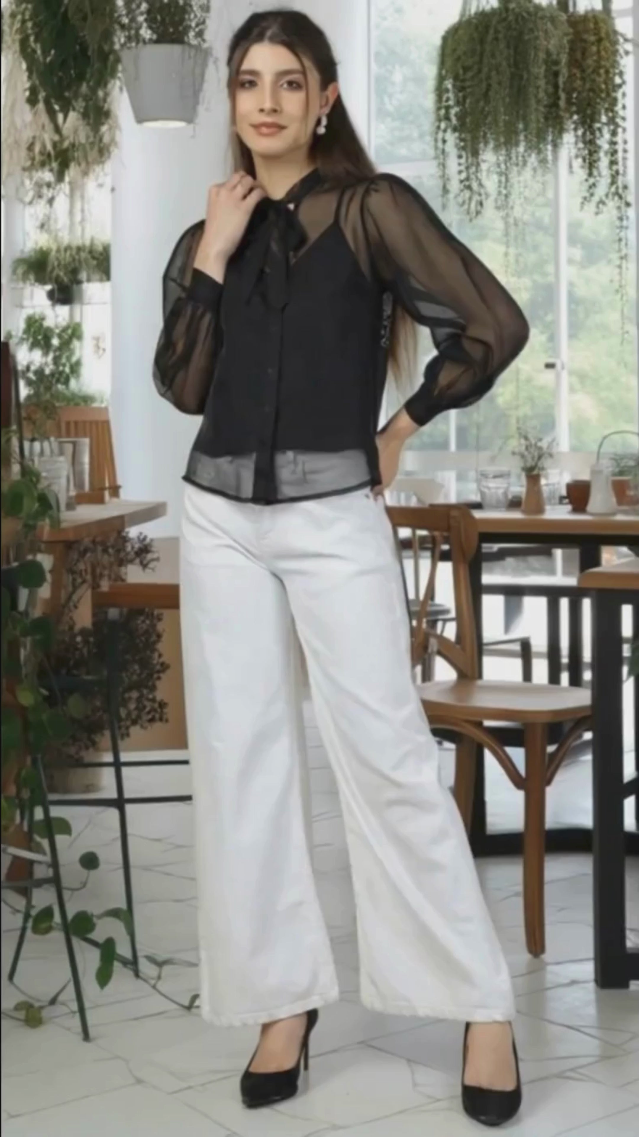 Women’s Black Organza Back Yoke Embroidered Top with Camisole- 2988