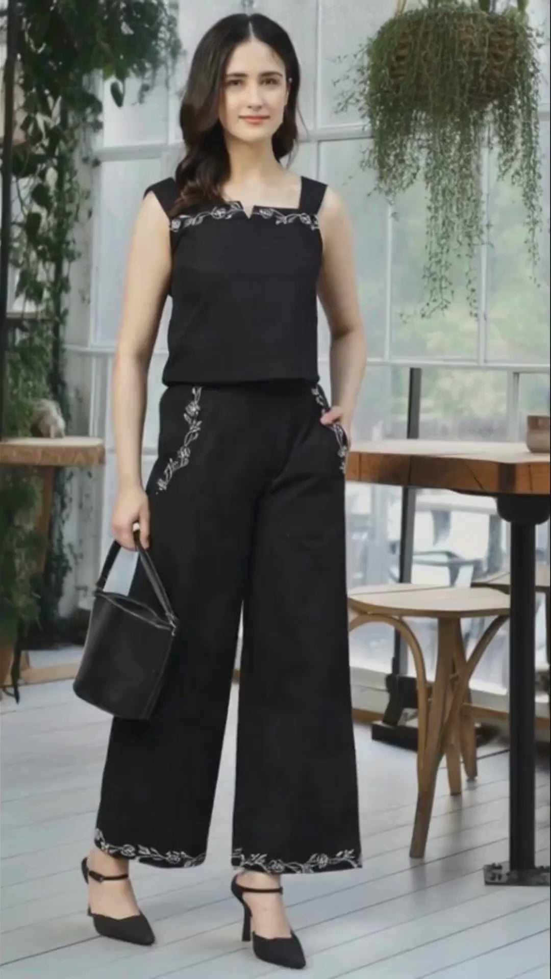 Women’s Black Poplin Embroidered Co-ord Set – Two-Piece Outfit -2944