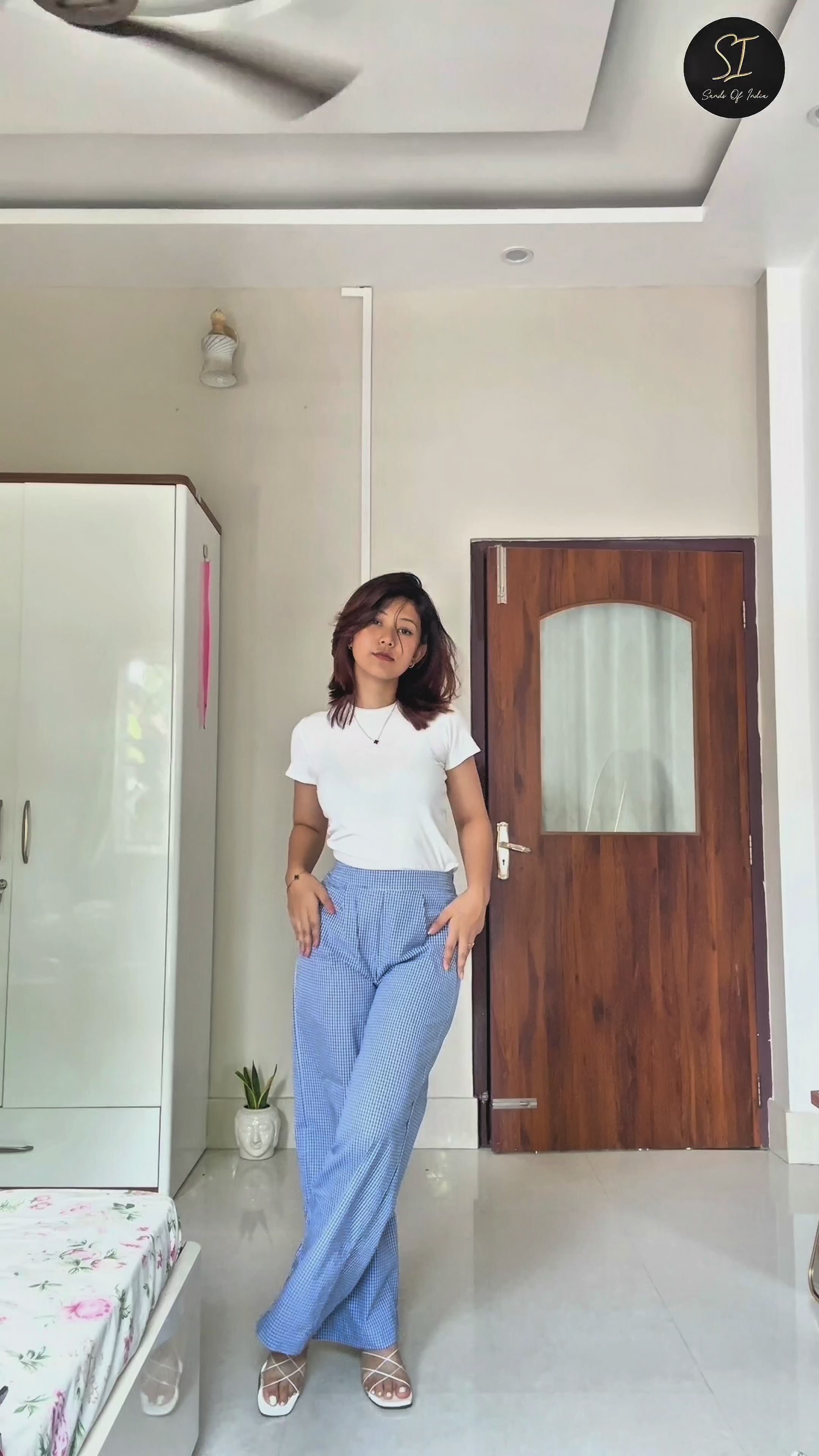 Blue Gingham Wide-Leg Slip-On Trousers-2909