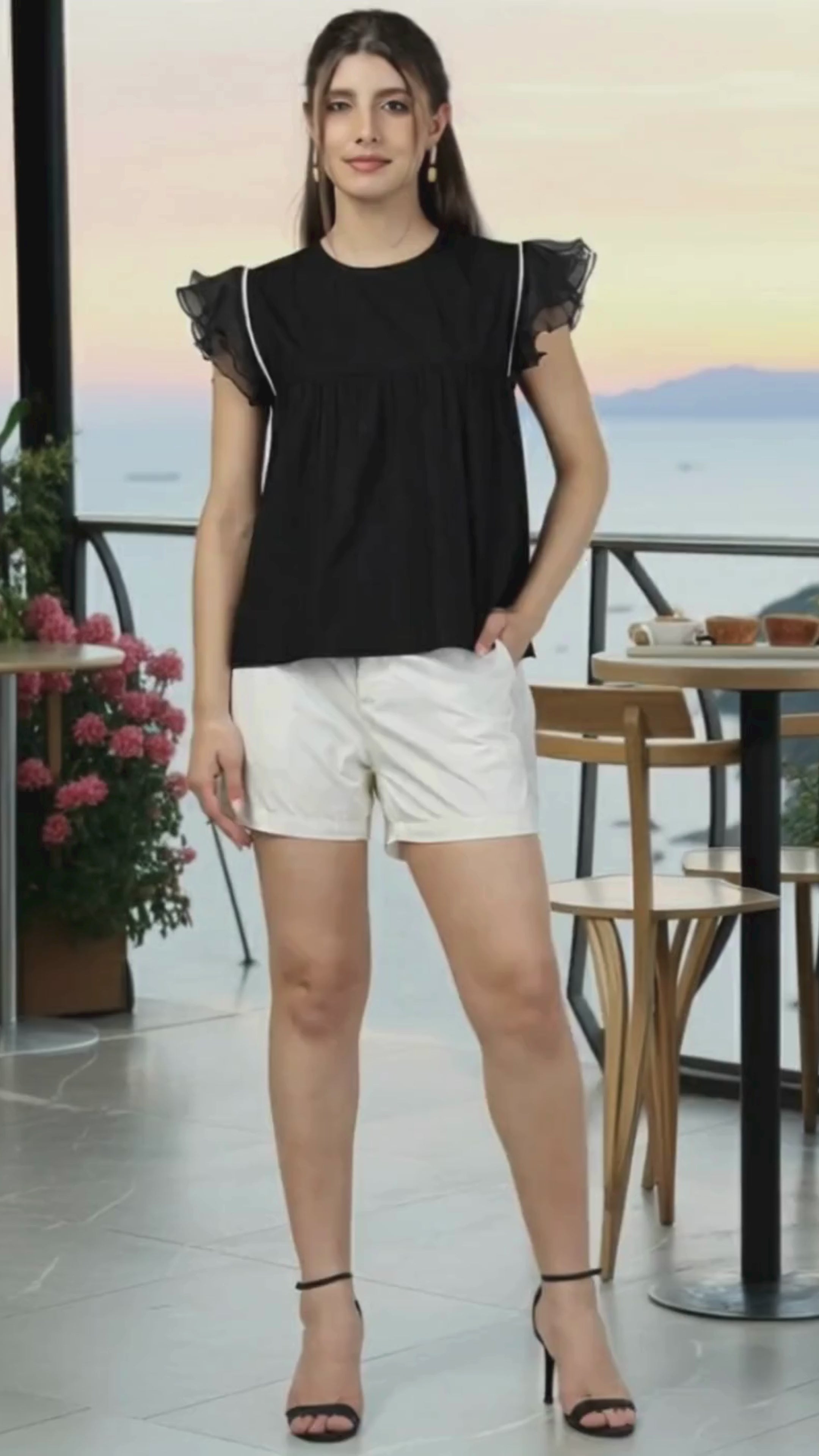 Women’s Breeze Organza Ruffled Black Poplin Top-2998