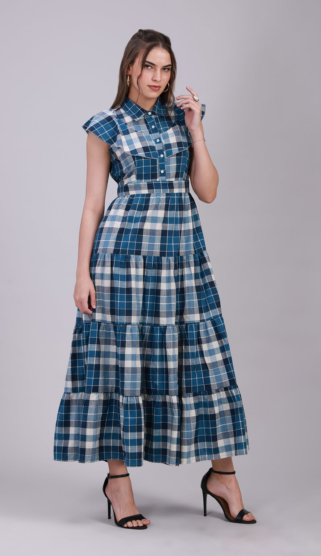 Women’s Blue Check Maxi Dress with 4-Tier Long Double Collar -3078