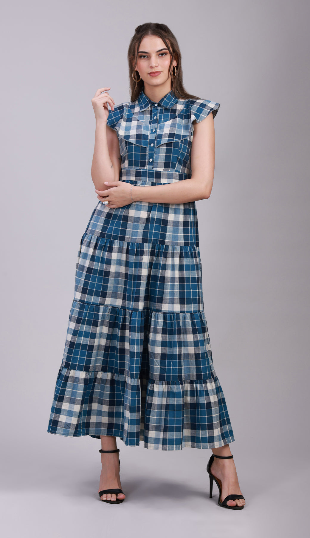 Women’s Blue Check Maxi Dress with 4-Tier Long Double Collar -3078