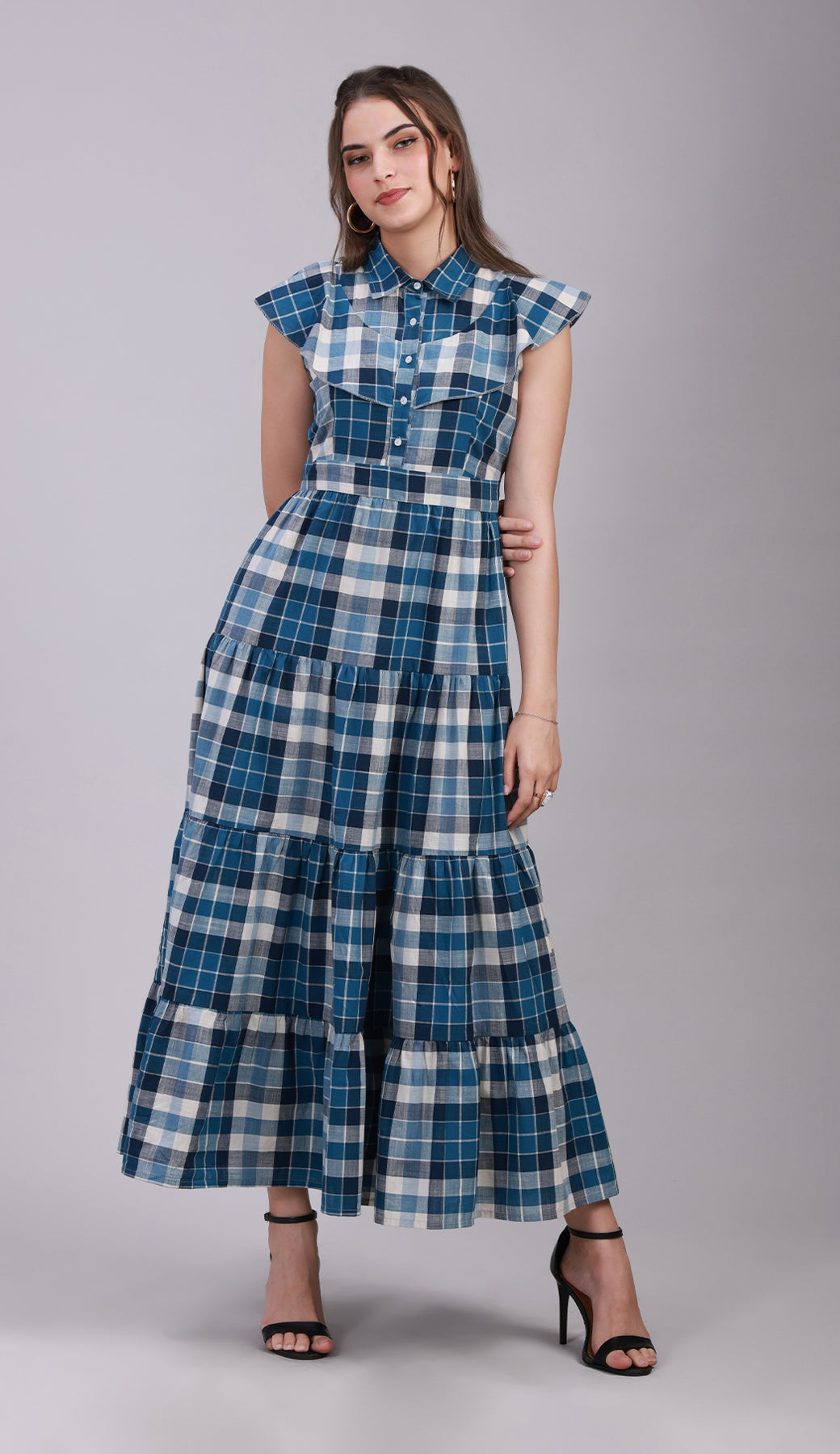 Women’s Blue Check Maxi Dress with 4-Tier Long Double Collar -3078